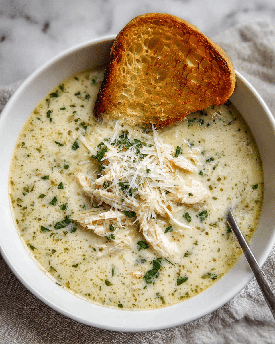 A white bowl filled with creamy, light beige soup with visible shredded chicken pieces in the center, sprinkled with chopped green herbs and grated pale yellow cheese on top. The soup surface shows small bubbles and a hint of green oil droplets. A large toasted bread slice with a golden-brown crust leans on the bowl edge. A spoon with a reflective metal surface rests inside the bowl near the bottom right. The bowl is set on a soft beige cloth over a white marbled surface. Photo taken with an iphone --ar 4:5 --v 7