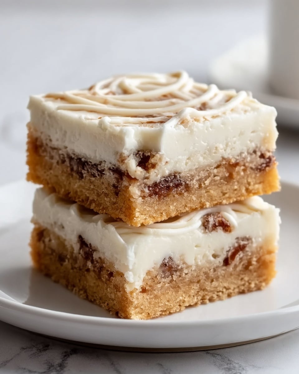 The image shows two thick square slices of a layered dessert stacked on a plain white plate. Each slice has three main layers: a light brown crust at the bottom with a crumbly texture, a thick middle layer of creamy white filling that looks smooth and soft, and a top layer of swirled light brown and white frosting with a slightly shiny surface. The edges of the slices show the layers clearly, and the plate sits on a white marbled surface. photo taken with an iphone --ar 4:5 --v 7