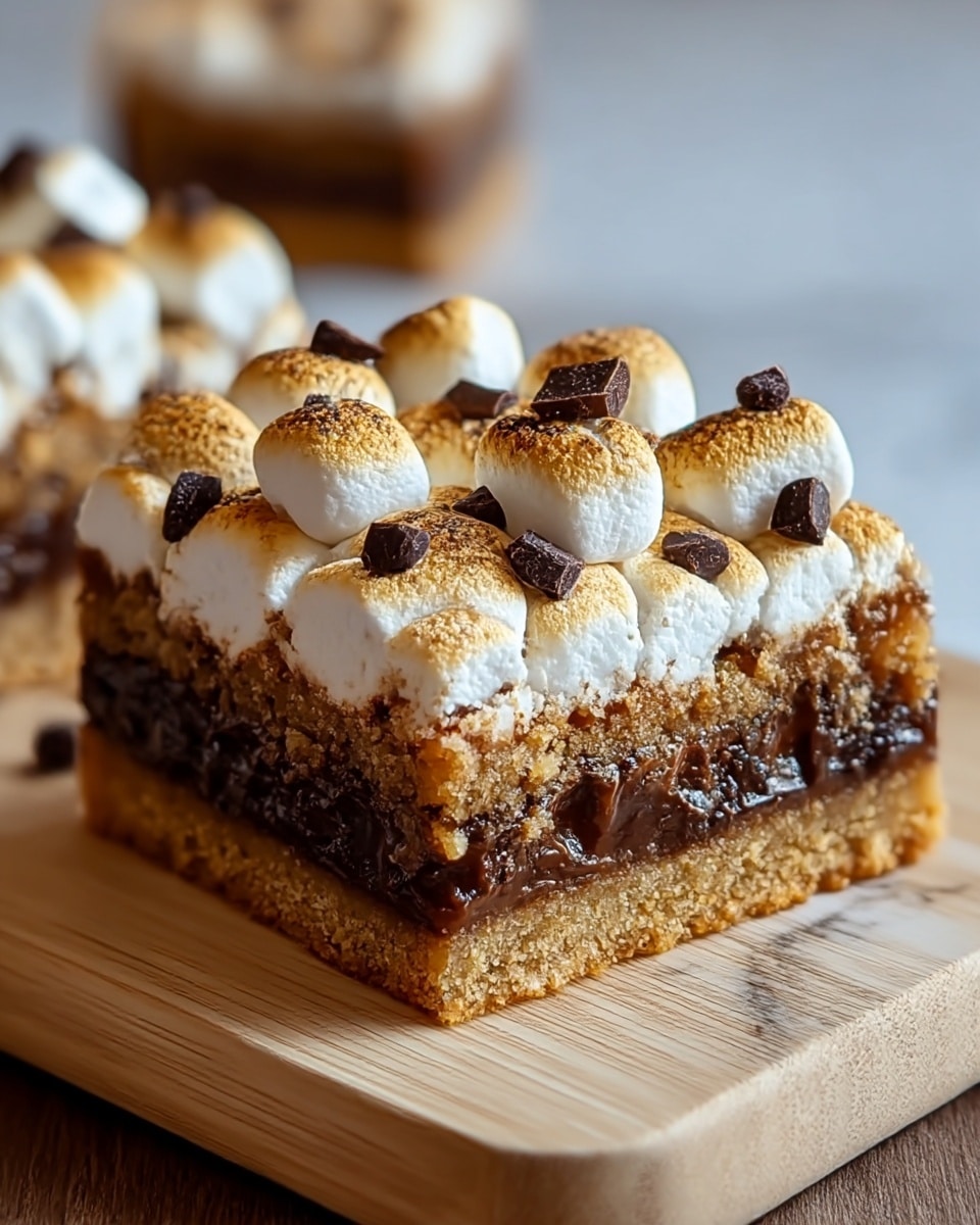 A thick, square dessert bar with three clear layers is shown on a wooden board. The bottom layer is a dense, crumbly golden-brown base. Above it is a rich, dark chocolate layer with a slightly melted texture. The top layer is made of evenly spaced, toasted marshmallows with golden-brown spots and small dark chocolate bits sprinkled between them. The background is a white marbled texture. photo taken with an iphone --ar 4:5 --v 7