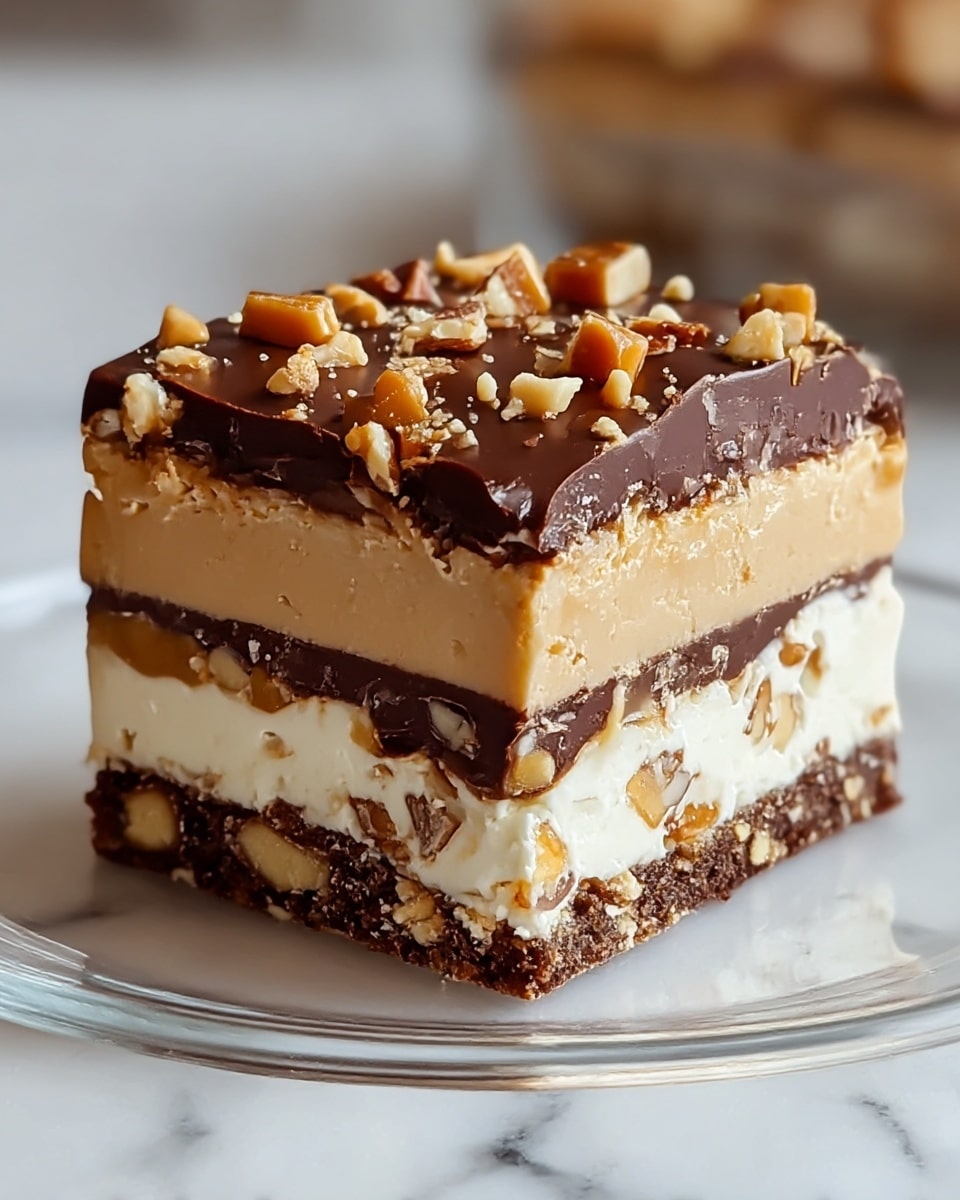 A square slice of layered dessert rests on a clear glass plate atop a white marbled surface. The bottom layer is crumbly and dark brown with bits of nuts mixed in. Above that is a smooth caramel tan layer, followed by a thick dark chocolate layer. A layer of creamy white filling with chunks of nuts embedded in it sits next. The top layer is a glossy, rich dark chocolate coated with chopped nuts and chunks of caramel and chocolate pieces, adding texture and color contrast. photo taken with an iphone --ar 4:5 --v 7