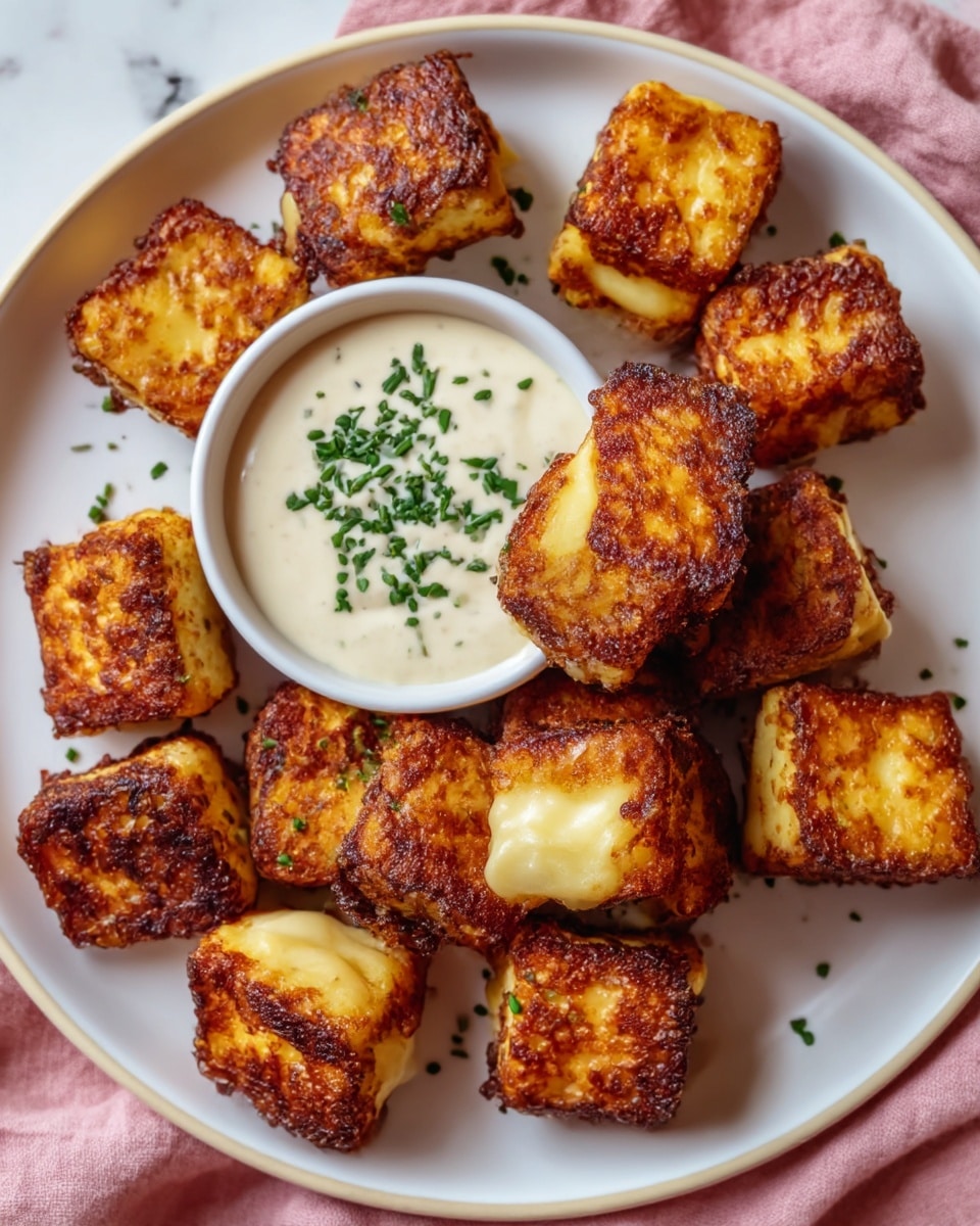 The image shows a white round plate on a white marbled surface, filled with about a dozen golden-brown, crispy cheese cubes with textured, slightly charred edges. In the center of the plate, there is a small white bowl of creamy white dipping sauce, garnished with chopped green herbs. The cheese cubes have a rich, crunchy exterior with a softer, melty inside visible on a few pieces. The plate is placed on a soft pink cloth, adding a gentle contrast to the white marbled background. photo taken with an iphone --ar 4:5 --v 7