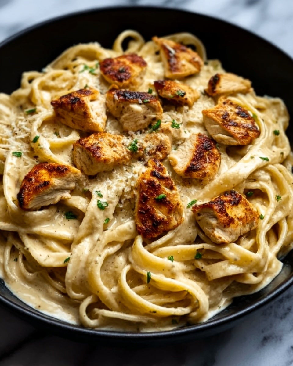A close-up view of a black bowl filled with creamy fettuccine pasta topped with golden-brown grilled chicken pieces. The fettuccine noodles are thick and coated in a smooth, light-colored sauce that looks rich and creamy. The chicken pieces are scattered evenly on top, with visible grill marks and a slightly crispy texture. Small green herb flecks are sprinkled lightly over the chicken and sauce, adding a touch of color. The bowl rests on a white marbled surface. photo taken with an iphone --ar 4:5 --v 7