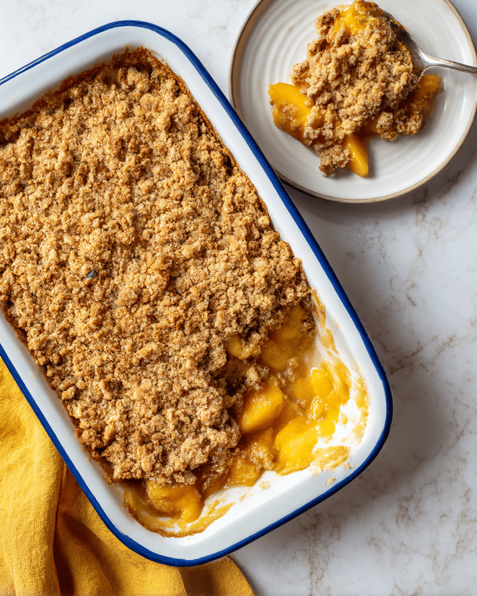 The image shows a white baking dish with a blue outer edge filled with a fruit crumble, likely peach, visible as a soft, bright orange-yellow chunky layer at the bottom. On top is a thick, uneven golden brown crumbly topping with a slightly rough texture. Part of the crumble is scooped out, showing the juicy fruit layer beneath the crumbly top. Next to the baking dish is a small white plate with a portion of the crumble on it, and a yellow cloth is partially visible on a white marbled surface. photo taken with an iphone --ar 4:5 --v 7