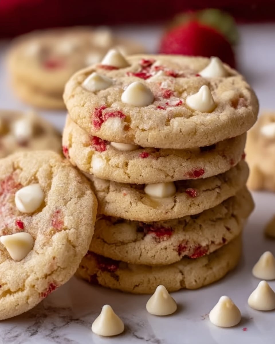 The image shows a stack of soft, round cookies on a white plate set on a white marbled surface. Each cookie has a light golden color with a slightly cracked texture. The top cookie, placed flat in front of the stack, is dotted with shiny white chocolate chips and pieces of dried red strawberries, giving it bright red and creamy white spots. The cookies look chewy and thick, with a slightly uneven edge. Some extra white chocolate chips and small bits of dried strawberry are scattered casually on the plate and marbled surface. Photo taken with an iphone --ar 4:5 --v 7