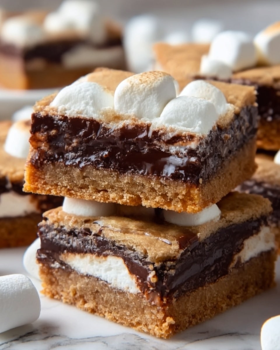 The image shows a close-up of multiple square dessert bars stacked on a white marbled surface. Each bar has three visible layers: a golden-brown, slightly crumbly cookie crust on the bottom; a thick, glossy dark chocolate layer in the middle; and a fluffy white marshmallow layer on top that looks soft and slightly melted, nearly reaching the edges. The bars have a textured and rich appearance with some gooey spots where the marshmallow and chocolate meet. Photo taken with an iphone --ar 4:5 --v 7