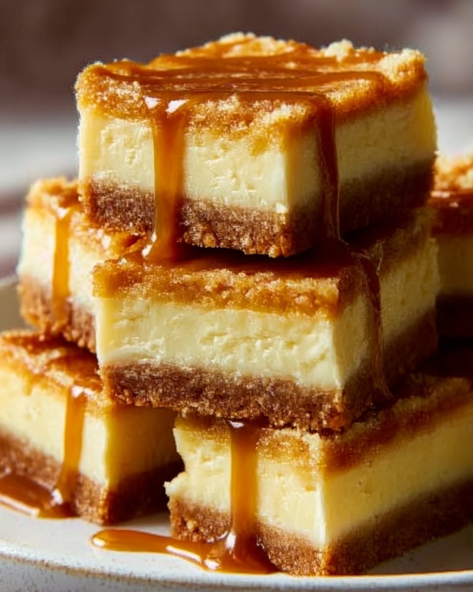A close-up view of several square dessert bars stacked on each other on a white plate. Each bar has three clear layers: a dark brown bottom crust, a thick middle layer of creamy yellow cheesecake, and a golden crumbly topping with a shiny caramel drizzle across. The texture of the crust looks firm, the cheesecake smooth, and the topping crunchy. The background is a white marbled surface. photo taken with an iphone --ar 4:5 --v 7