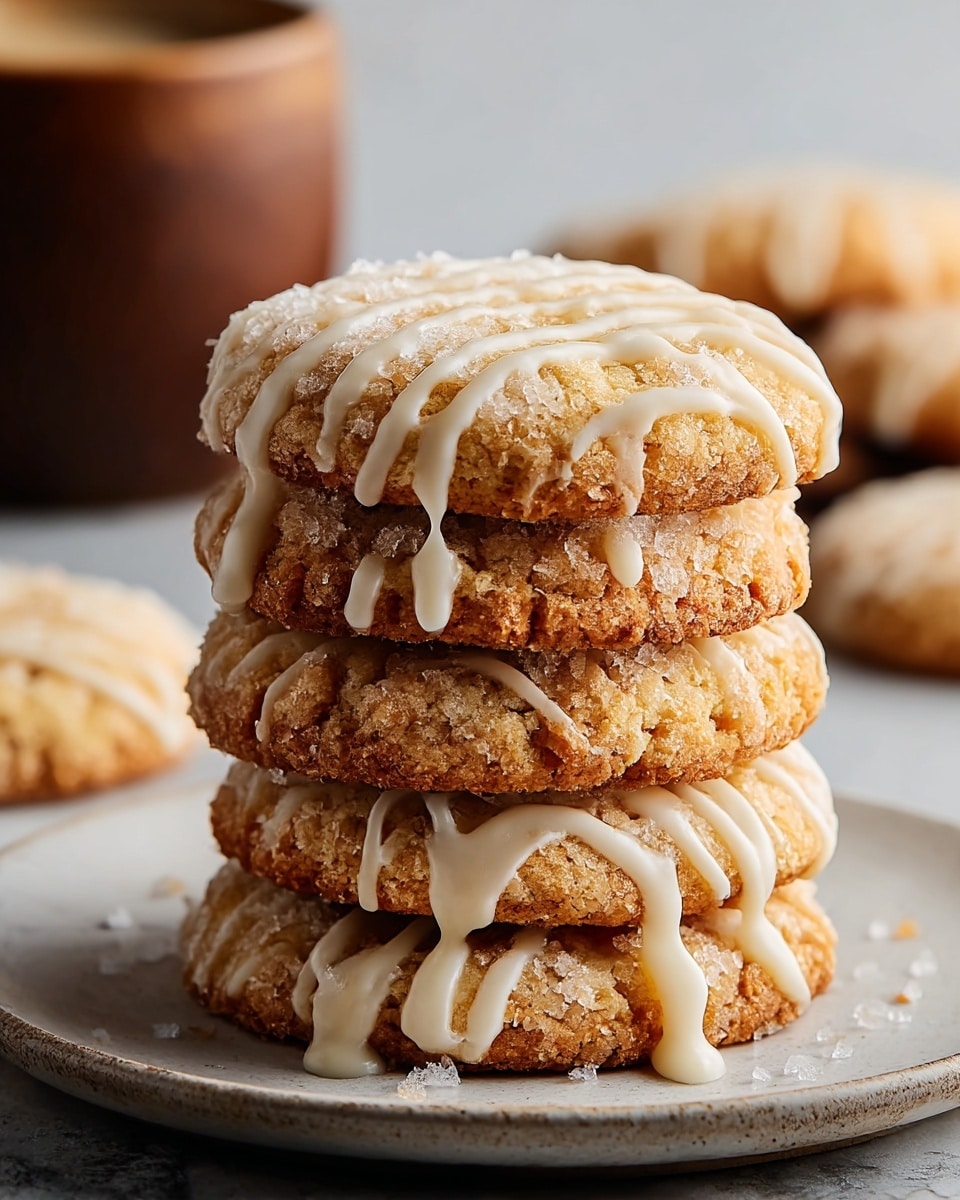 A stack of four thick, round cookies with a golden-brown, crispy, and crumbly texture is shown close up. Each cookie has a rough, slightly uneven surface with bits of sugar crystals visible, adding sparkle. White icing is drizzled on top of each cookie in uneven lines, some icing dripping down the edges. The cookies are stacked one on top of another on a white plate with a coarse texture. The background shows more cookies and a blurred shallow depth of field with a white marbled texture under the plate. photo taken with an iphone --ar 4:5 --v 7