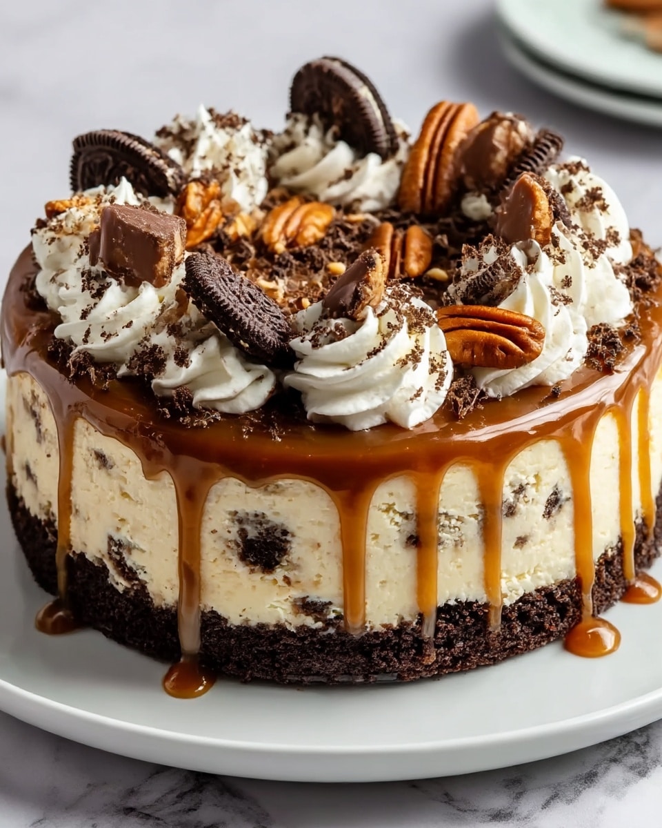 A round cheesecake with three main layers sits on a white plate over a white marbled surface. The bottom layer is a dark chocolate crumb crust, firm and crumbly. The middle layer is thick, creamy vanilla cheesecake with small dark cookie pieces mixed inside. The top layer is glossy caramel sauce dripping down the sides. On top, there are swirls of white whipped cream around the edge, sprinkled with finely grated chocolate and topped with broken pieces of chocolate cookies and pecan halves. The colors are rich with browns, creamy white, and caramel gold, showing a mix of smooth, crumbly, and creamy textures. Photo taken with an iphone --ar 4:5 --v 7