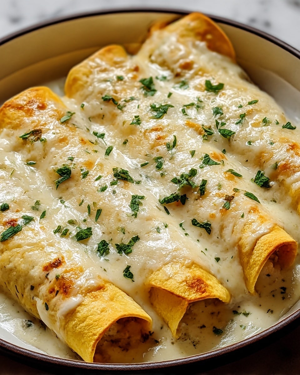 The image shows a close-up of four rolled enchiladas placed side by side in a round white plate with a dark rim. Each rolled tortilla is golden yellow with slight browning on the edges. The enchiladas are covered with a thick, creamy white sauce that has melted cheese spots with light brown patches. On top, there are small sprinkled pieces of chopped green herbs, adding contrast to the creamy sauce. The rolled edges and the smooth, shiny texture of the sauce create a rich and inviting look. The photo is set on a white marbled surface. photo taken with an iphone --ar 4:5 --v 7