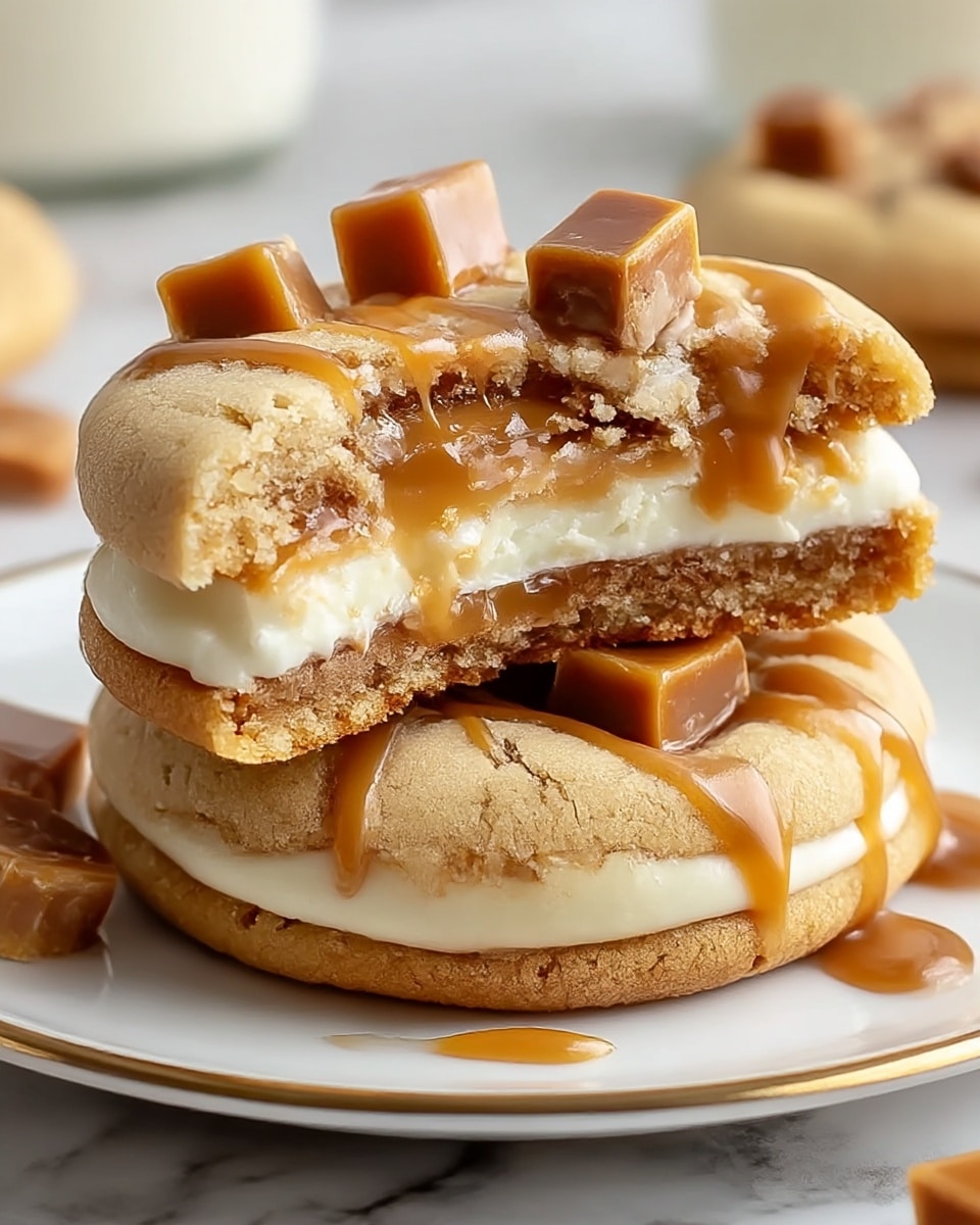 A close-up of two thick cookies stacked on top of each other on a white plate with a thin gold edge, placed on a white marbled surface. Each cookie has three visible layers: a soft, crumbly light beige outer dough, a middle layer of smooth caramel, and a creamy white filling in the center. The top cookie is slightly broken, showing the gooey caramel and creamy filling inside. Both cookies are topped with a glossy caramel drizzle and small caramel square pieces scattered on top, adding texture and shine. photo taken with an iphone --ar 4:5 --v 7