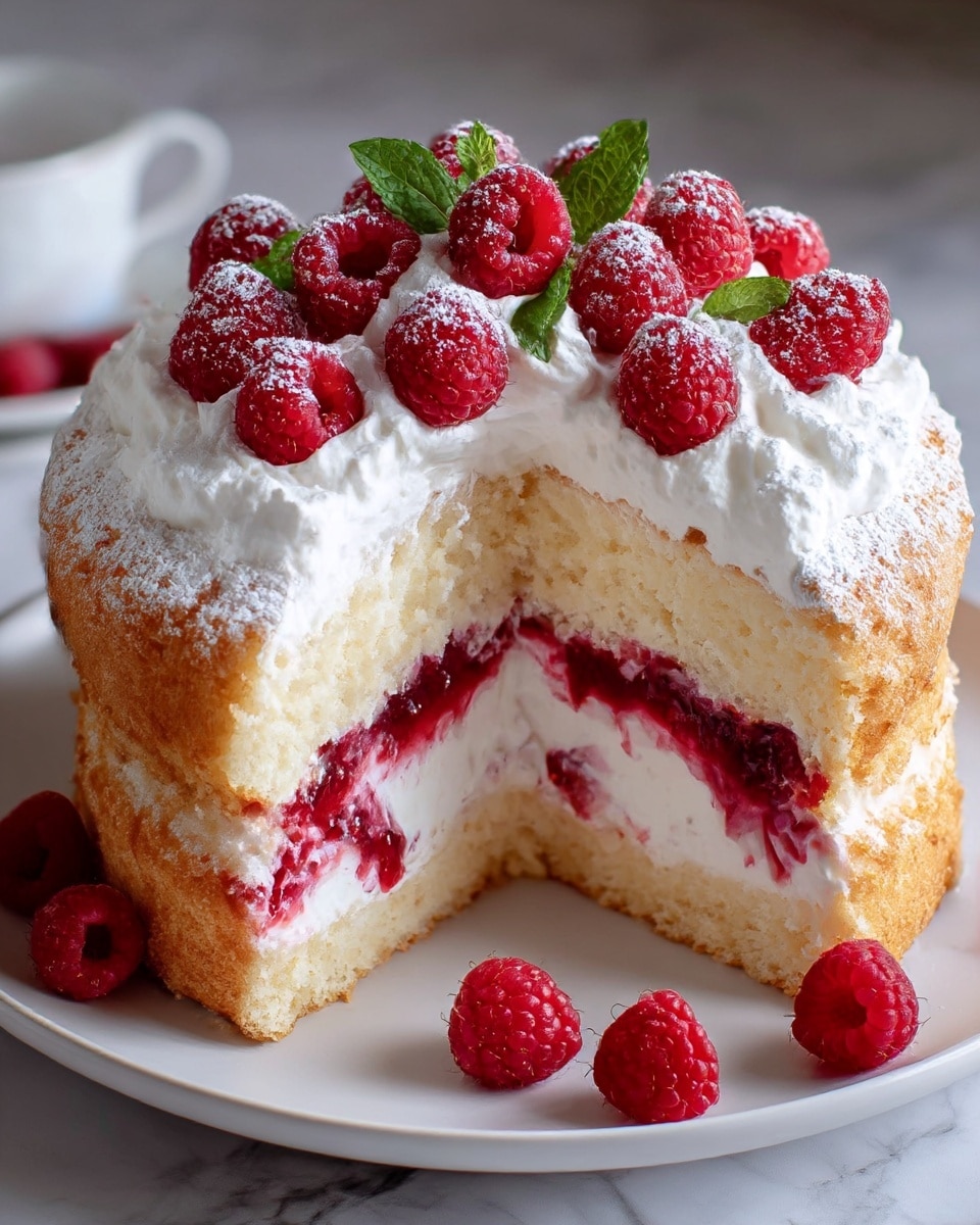 A round cake with three visible layers sits on a white plate over a white marbled surface. The bottom and top layers are light golden brown sponge cake with a soft, fluffy texture. In the middle, a thick white cream layer is filled with bright red raspberries and raspberry jam, creating a vivid contrast. The top is covered with a generous layer of white whipped cream, sprinkled with powdered sugar, and piled high with whole fresh raspberries and a few green mint leaves for decoration. A slice is cut out, showing the layers clearly with some raspberries placed on the plate beside the cake. Photo taken with an iphone --ar 4:5 --v 7