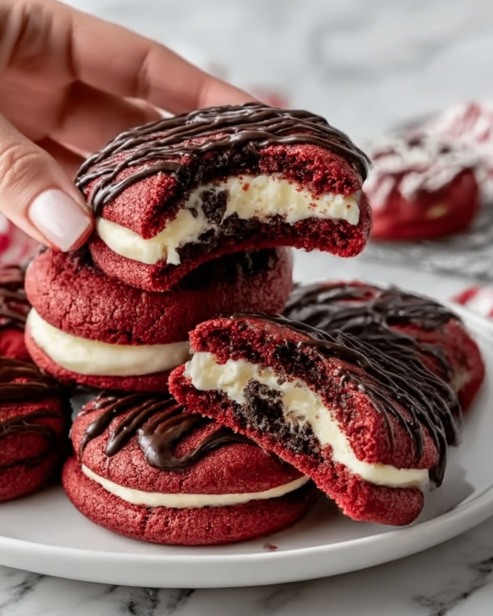 A plate with several red velvet cookies stacked on top of each other, each cookie showing a rich, deep red color with a slightly cracked surface and a creamy white filling visible inside, some cookies drizzled with dark chocolate on top. One cookie is held up by a woman's hand, revealing the soft inside texture and creamy center. The plate is white, and the background has a white marbled texture. photo taken with an iphone --ar 4:5 --v 7