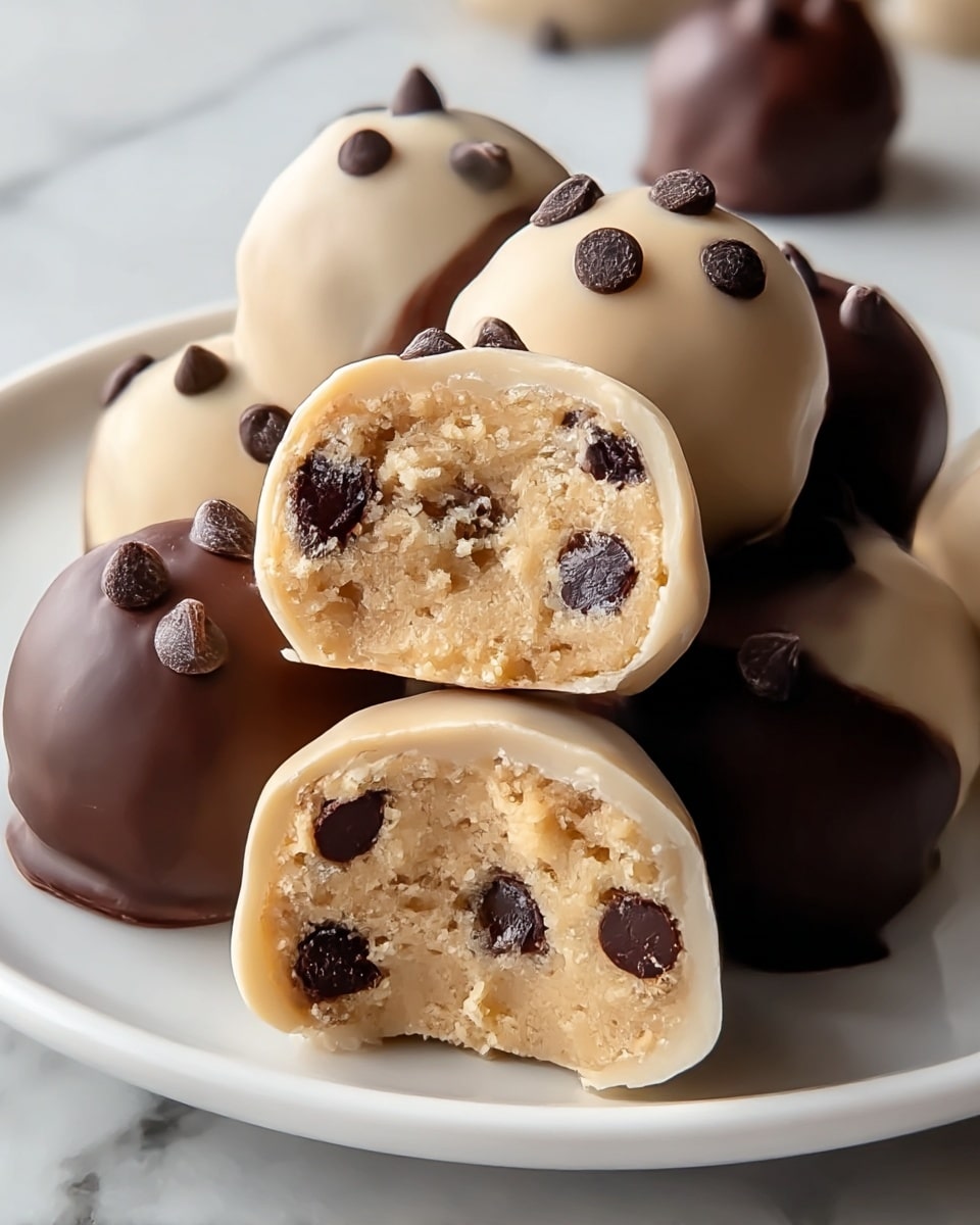 A white plate holds several round cookie dough truffles covered in a mix of smooth light beige and dark chocolate coatings. The truffles have a soft, slightly grainy beige dough interior dotted with dark chocolate chips, visible in two halves cut to show the inside texture. The outer layer alternates between fully dark chocolate-covered truffles with small dark chocolate dots sticking out and those coated in light beige chocolate with scattered dark chocolate chips on the surface. The setting is a white marbled texture. Photo taken with an iphone --ar 4:5 --v 7