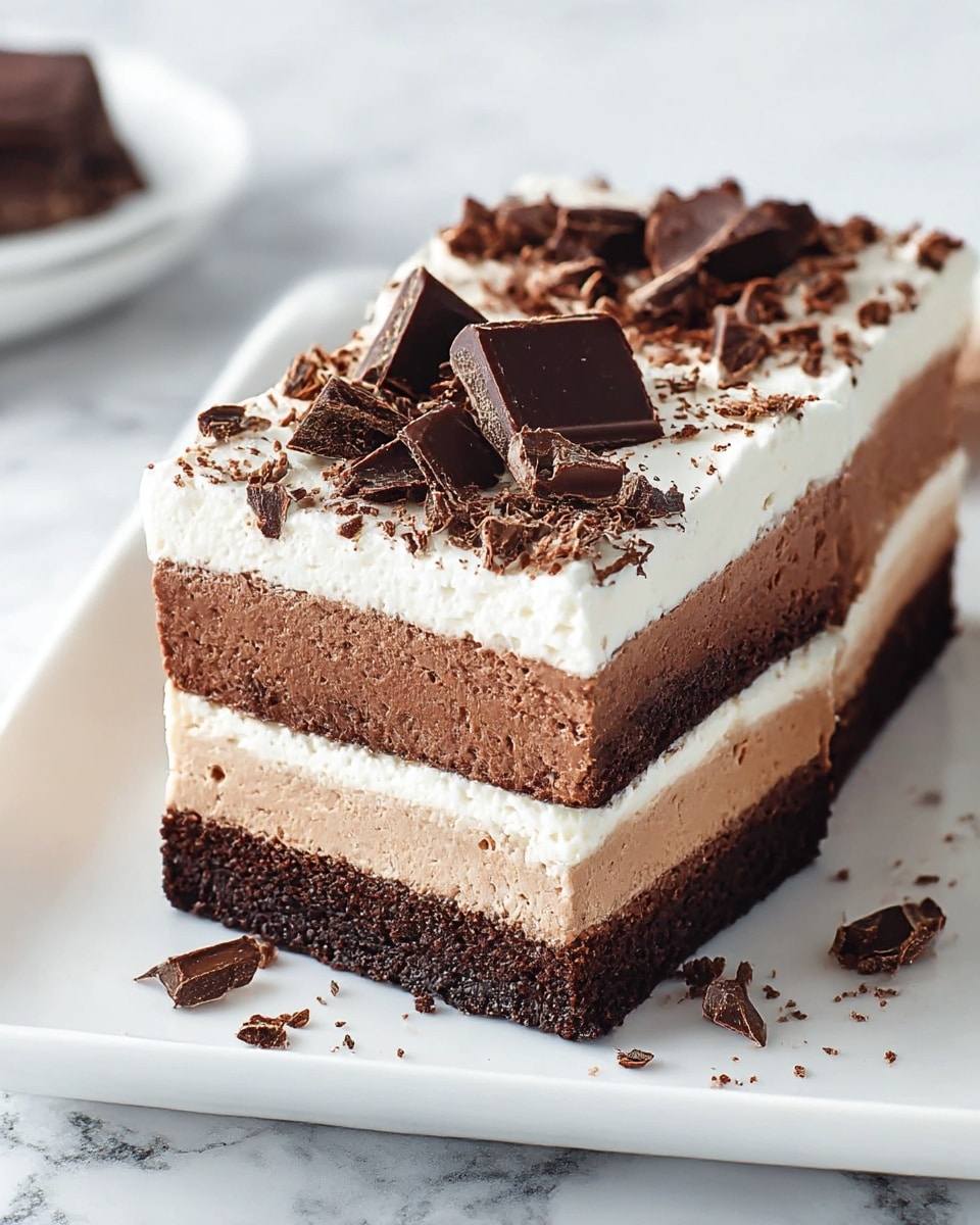 The image shows a close-up of three thick square slices of a layered chocolate dessert on a white plate set against a white marbled surface. Each slice has three visible layers: a dark, crumbly chocolate base; a smooth, medium brown creamy middle layer; and a top layer of light, fluffy white cream. On top, there are pieces of broken dark chocolate scattered, with some chocolate crumbs decorating the surface. The edges of the dessert are clean-cut, showing the neat separation between layers, with some crumbs on the plate near the bottom slice. The setting looks bright and clean, highlighting the rich textures and colors of the dessert. photo taken with an iphone --ar 4:5 --v 7