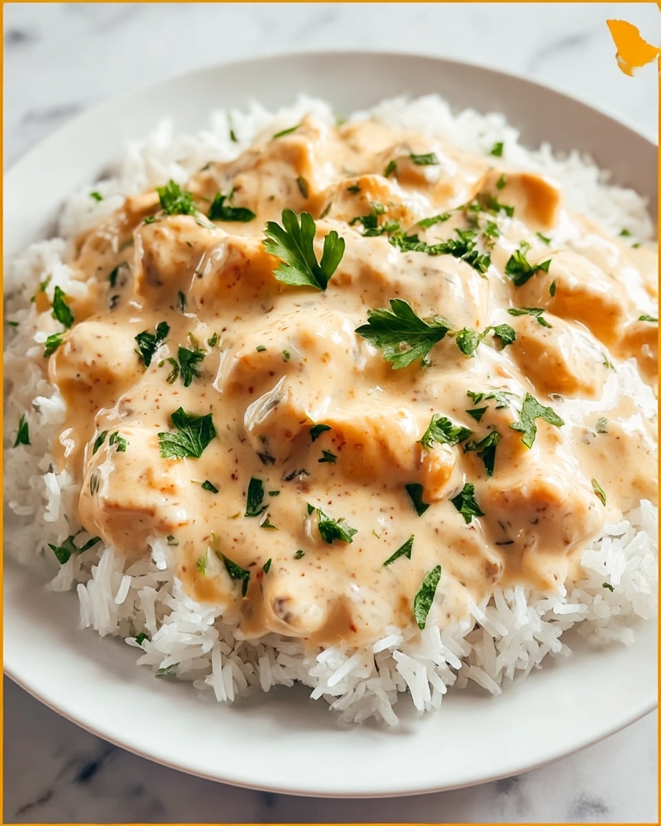 A white plate holds a bed of fluffy, white rice as the base layer. On top, there is a thick creamy sauce with a light orange color and visible small chunks of cooked chicken throughout. The sauce has a smooth texture with some specks of seasoning, and it generously covers the rice, pooling slightly around the edges. Fresh green parsley bits are sprinkled over the sauce, adding a touch of color contrast. The whole dish sits on a white marbled surface, giving a clean and bright background. Photo taken with an iphone --ar 4:5 --v 7