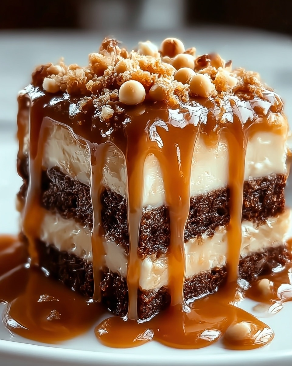A close-up of a rich dessert bar with three visible layers: the bottom layer is dense and dark brown, looking moist and chocolatey; the middle layer is a smooth, creamy light tan filling; the top layer is shiny caramel sauce dripping down the sides, covering the dessert with a glossy texture. On top, there is a crumbly, golden-brown topping scattered with small round nuts. The dessert sits on a white plate, with caramel sauce pooling around it on a white marbled surface. photo taken with an iphone --ar 4:5 --v 7