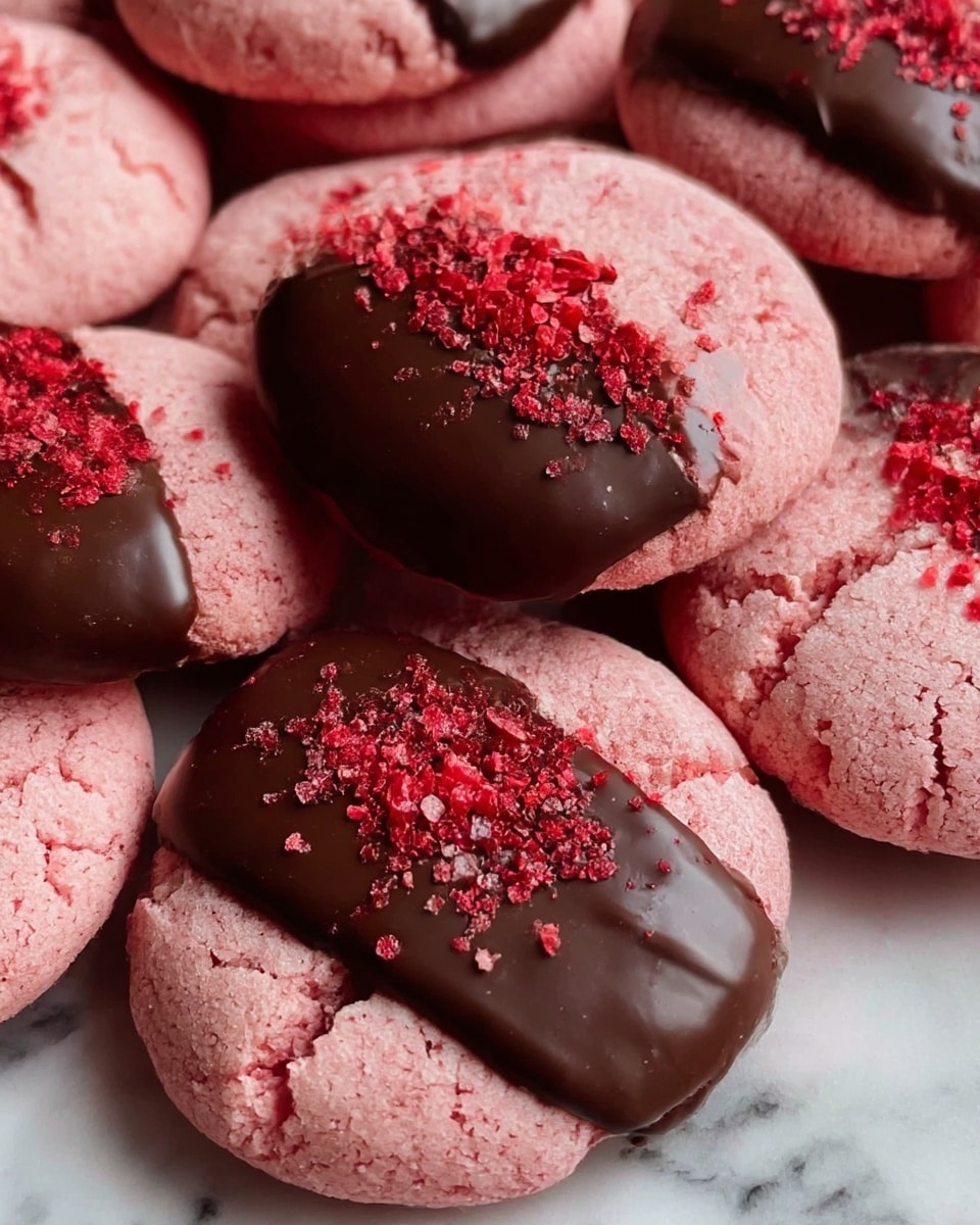 The image shows several round pink cookies with a soft, slightly cracked texture. Each cookie is dipped halfway in smooth, dark chocolate, creating a clear contrast between the light pink dough and the glossy brown chocolate layer. On top of the chocolate, there are small pieces of crushed red sprinkles scattered unevenly, adding a rough texture and a pop of color. The cookies are stacked close together on a white marbled surface, filling the entire frame in a cozy and inviting way. photo taken with an iphone --ar 4:5 --v 7