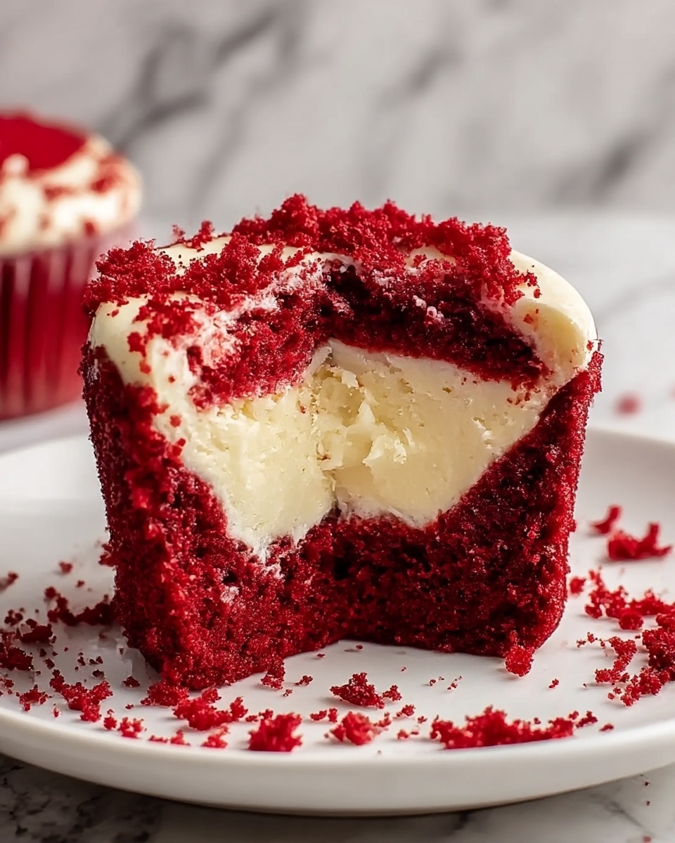 The image shows a single red velvet cupcake with cream cheese filling, cut in half to reveal its inside layers. The cupcake has three main layers: a bottom and top layer of moist, deep red cake with a crumbly texture, and a thick white cream cheese layer sandwiched in the middle. The whole cupcake is covered lightly in red velvet crumbs on the outside, placed on a white plate with some crumbs scattered around it. The background has a white marbled texture. photo taken with an iphone --ar 4:5 --v 7