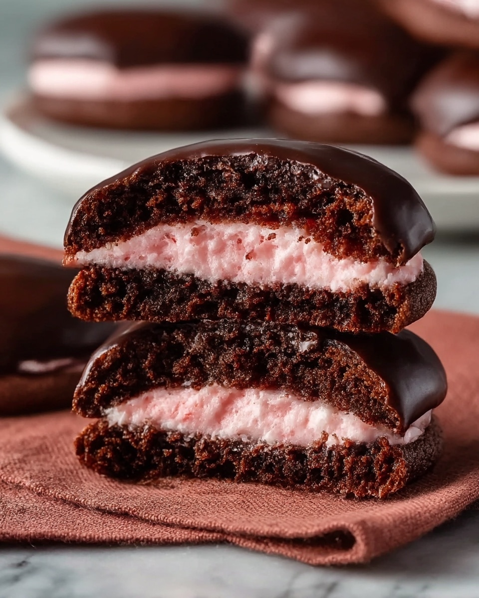 Two half chocolate cookies stacked on a brown cloth, each cookie has a glossy dark chocolate layer on top, followed by a thick dark brown chocolate cake layer, and a soft pink cream filling in the center that looks fluffy and smooth. The cookies have a moist and crumbly texture visible on the cut edges. The background shows a soft focus with what looks like more cookies on a white plate on a white marbled surface. photo taken with an iphone --ar 4:5 --v 7
