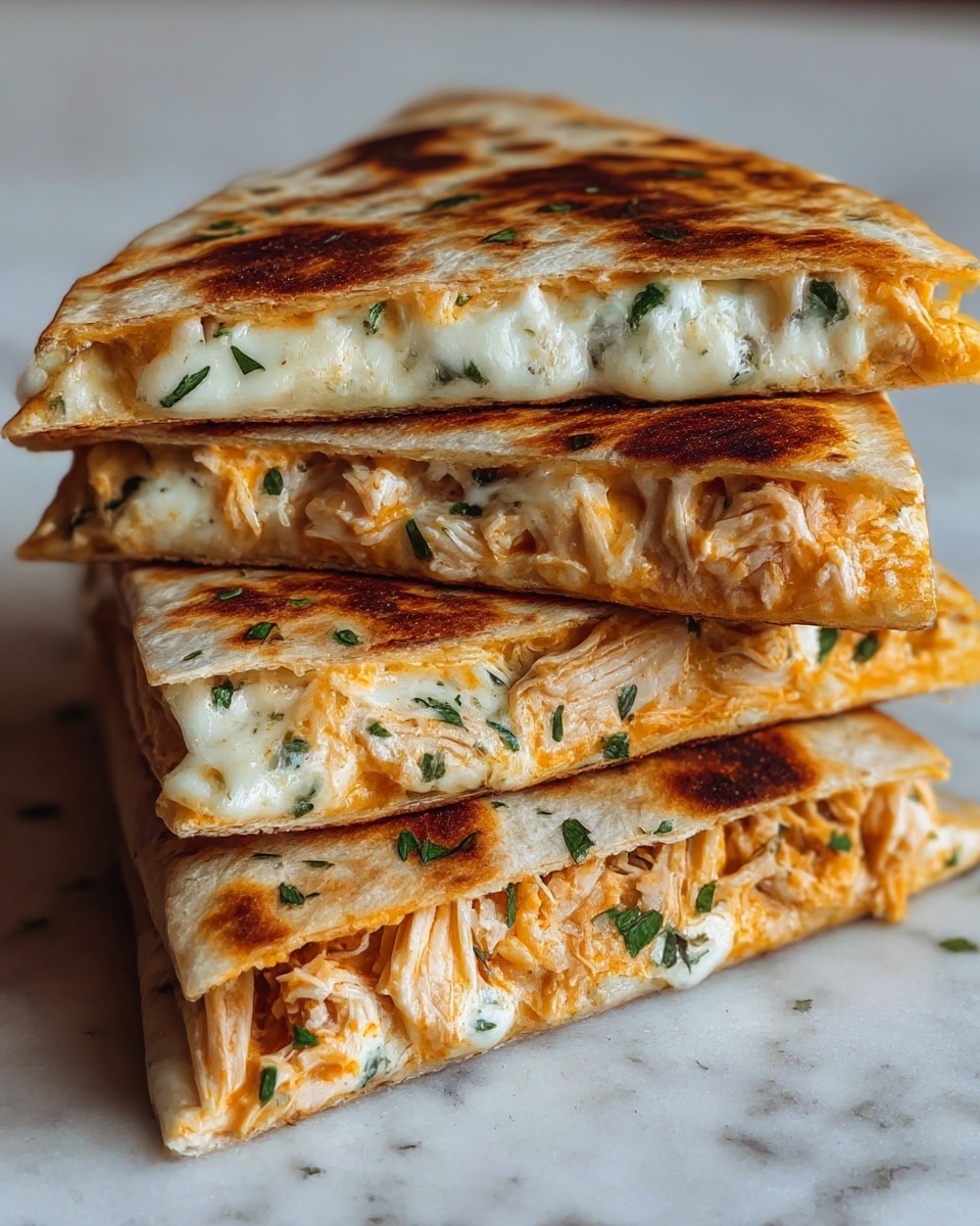 A stack of four grilled quesadilla triangle slices rests on a white marbled surface, each slice showing two layers of fillings between golden brown, slightly charred tortillas. The top layer inside is creamy white melted cheese with green herb specks, while the bottom layer is shredded chicken with a light orange sauce, also sprinkled lightly with green herbs. The tortillas have a toasted look with dark spots and a soft texture around the edges, and the slices are stacked unevenly to show the fillings clearly. Photo taken with an iphone --ar 4:5 --v 7