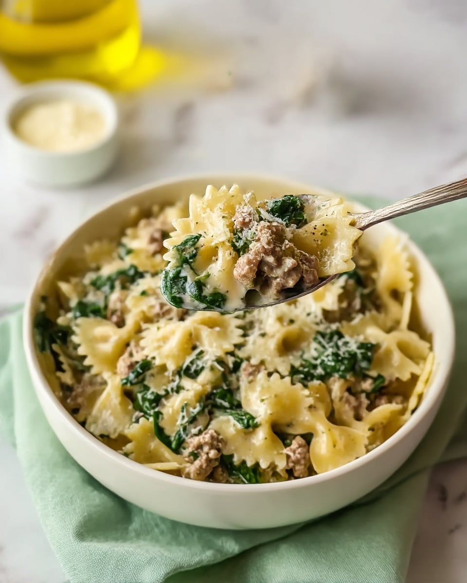 The image shows a white bowl filled with a creamy pasta dish made of bowtie-shaped pasta mixed with cooked ground meat and wilted dark green spinach leaves, all coated in a light creamy sauce. A silver spoon holds a close-up bite of the dish, highlighting the textured ground meat, smooth sauce, and the pasta’s pale yellow color. The bowl sits on a pale green cloth over a white marbled surface, with a small white container of grated cheese and a glass bottle with yellow oil blurred in the background. Photo taken with an iphone --ar 4:5 --v 7