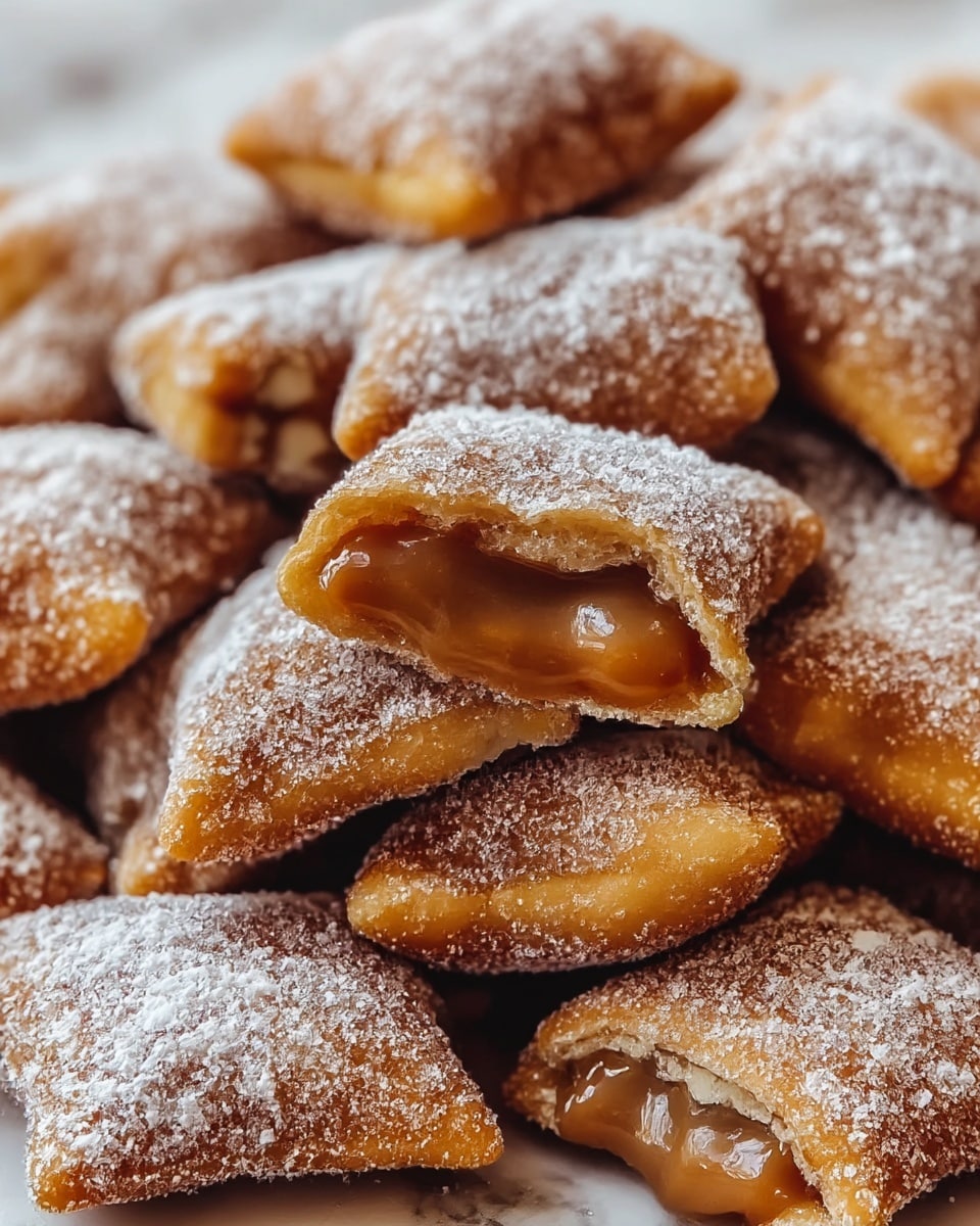 A close-up view of many small square-shaped pillow treats piled on top of each other, each with a golden-brown, crispy outer layer dusted with white powdered sugar; some pieces are slightly opened, revealing a smooth, shiny caramel filling inside that contrasts with the rough texture of the pastry exterior, all set against a softly blurred white marbled background. photo taken with an iphone --ar 4:5 --v 7