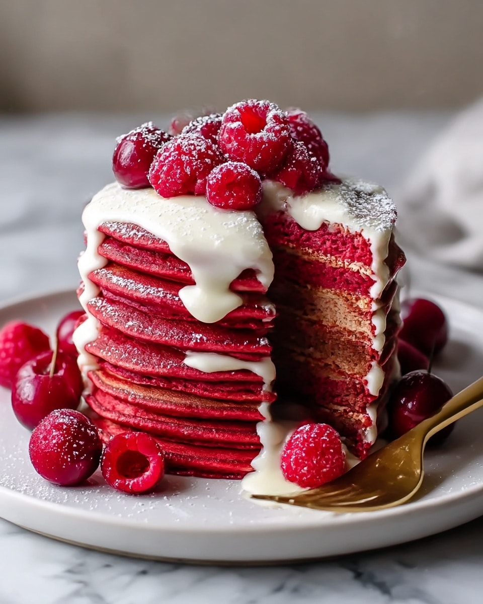 A stack of six red pancakes sits on a white plate on a white marbled surface. The pancakes alternate in colors, mostly deep red with one slightly browned layer visible near the middle, showing a soft and fluffy texture. Thick white cream sauce drips down the sides from the top, pooling slightly at the base and between some of the layers. Fresh red raspberries and cherries are scattered on top and around the plate, dusted lightly with powdered sugar. A gold fork rests on the edge of the plate. Photo taken with an iphone --ar 4:5 --v 7