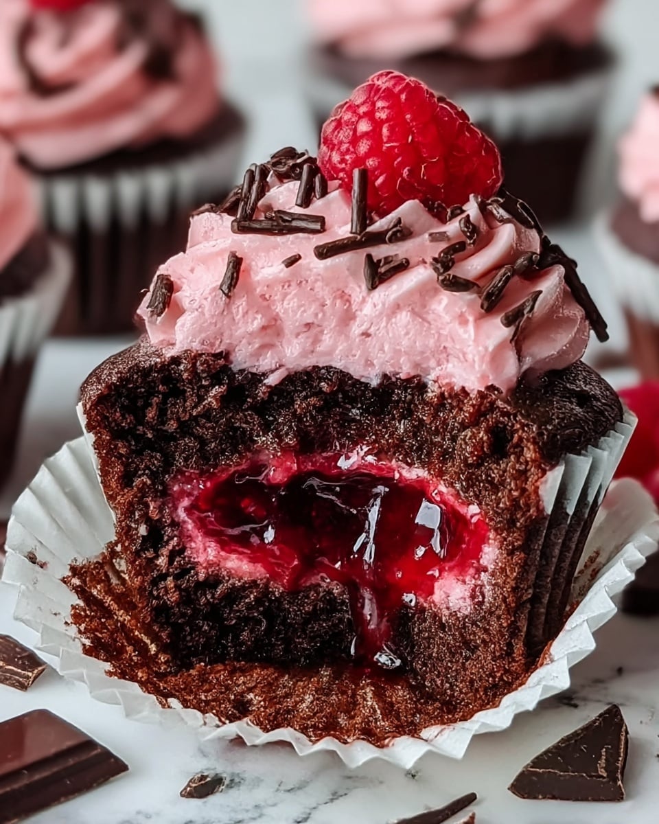 A close-up of a chocolate cupcake with a bite taken out, showing three layers: the bottom dark brown chocolate cake textured with soft crumbs, the middle vibrant red glossy berry jam filling oozing out, and the top light pink fluffy frosting with a swirled texture sprinkled with dark chocolate shavings and topped with a fresh red raspberry, all in a white cupcake liner, placed on a white marbled surface with scattered pieces of dark chocolate around. Photo taken with an iphone --ar 4:5 --v 7