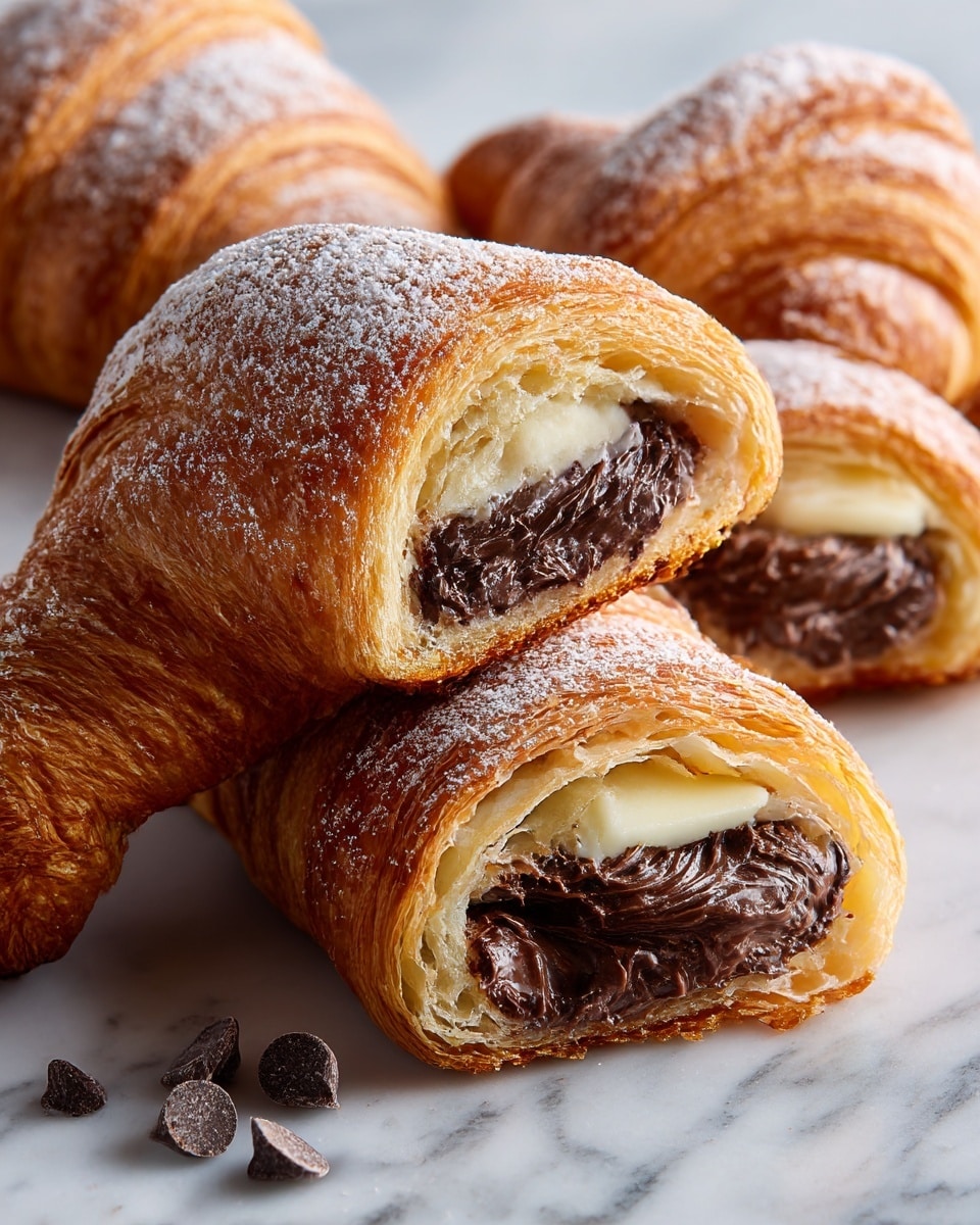 A close-up view shows four flaky croissants with visible layers of golden brown, crispy pastry dusted with a light sprinkle of powdered sugar. Two croissants are cut open to reveal a rich, dark chocolate filling with a slightly glossy texture inside, topped with a small layer of creamy white chocolate. The croissants rest on a white marbled surface, with a few scattered dark chocolate chips near the front croissant, emphasizing the chocolate filling. photo taken with an iphone --ar 4:5 --v 7