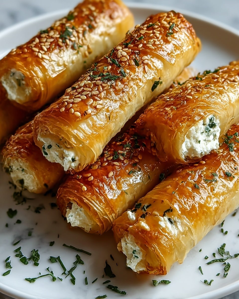 The image shows a white plate with five golden-brown, crispy rolled pastries. Each roll has about four thin, flaky layers of shiny, slightly browned dough on the outside, sprinkled with toasted sesame seeds and small green herb flakes. Inside, there is a creamy white cheese filling mixed with finely chopped green herbs. Some herb bits are scattered around the plate on a white marbled surface. The light highlights the texture and glossiness of the pastries, making them look crunchy and fresh. Photo taken with an iphone --ar 4:5 --v 7
