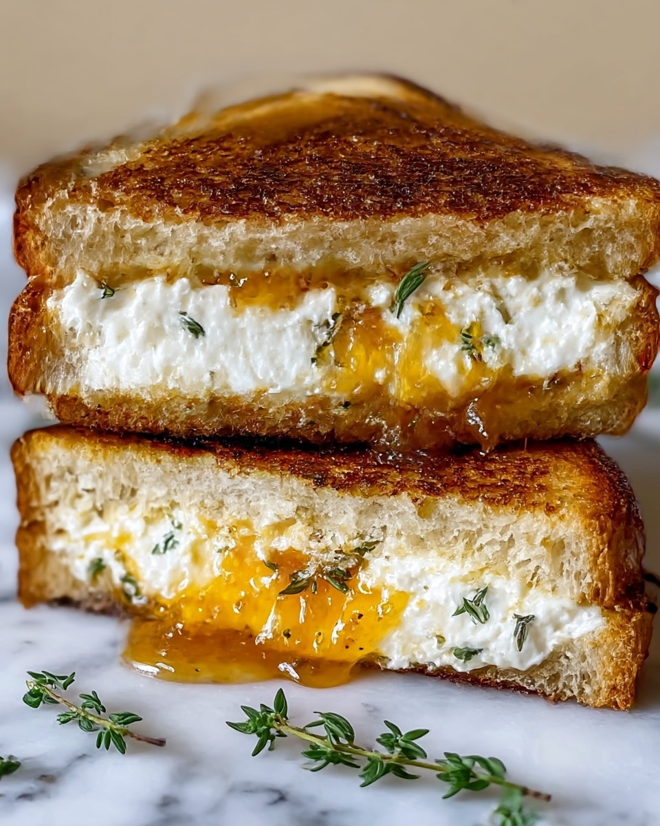 The image shows a grilled sandwich cut in half and stacked, on a white marbled surface. The sandwich has two layers of golden brown toasted bread with a crispy texture. Inside, there are two fillings: a layer of white, creamy cheese and a layer of bright orange jam or marmalade mixed with small green herb leaves that look like thyme. The jam is slightly oozing out from between the bread, and small green herb sprigs are placed near the sandwich on the surface. photo taken with an iphone --ar 4:5 --v 7