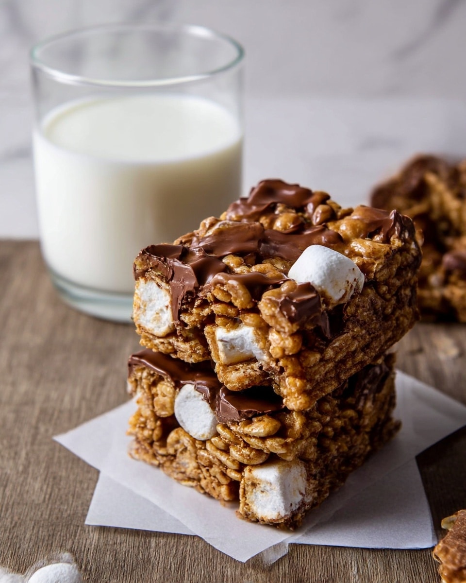 The image shows two square bars stacked on top of each other, made of crunchy light brown cereal bits covered partly with shiny melted chocolate. Small white marshmallows are mixed inside and peek out from the bars. The bars sit on a white paper square on a wooden surface. Behind them is a clear glass filled with white milk, and a white marbled surface is faintly visible in the background. Photo taken with an iphone --ar 4:5 --v 7