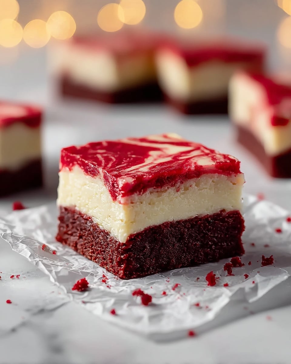 A close-up of a square piece of dessert with three layers sits on a crumpled piece of white parchment paper over a white marbled surface. The bottom layer is thick and dark red-brown with a moist and dense texture. The middle layer is creamy white, smooth, and thick. The top layer is bright red with a glossy and slightly swirled pattern mixing with the white layer beneath. There are red crumbs scattered around the dessert on the surface. More pieces of the same dessert are blurred in the background with soft, warm light bokeh. Photo taken with an iphone --ar 4:5 --v 7