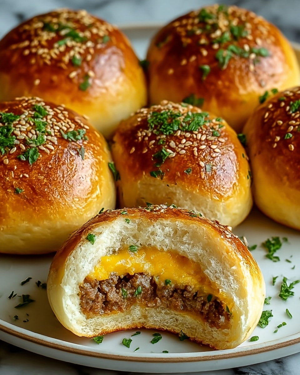 Five golden brown baked buns with a shiny top sprinkled with sesame seeds and chopped green herbs sit closely on a white plate. One bun in the front has a bite taken out, showing three layers inside: the soft, light dough outer layer, a middle layer of melted yellow cheese with a smooth texture, and the innermost layer of cooked ground meat with a rich brown color and finely crumbled texture. Small bits of herbs are sprinkled on the exposed filling and around the plate. The background has a white marbled texture. Photo taken with an iphone --ar 4:5 --v 7