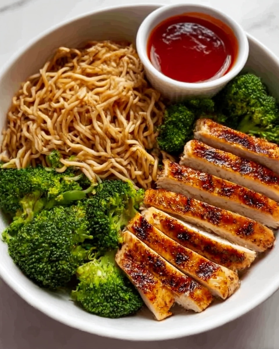 A white bowl filled with three main layers: on the left side, light brown cooked noodles with a slightly glossy texture, next to them vibrant green steamed broccoli florets, and on the right side, several slices of grilled chicken breast with a golden-brown charred surface and visible grill marks, arranged in a row. At the top of the bowl, there is a small white cup filled with red sauce. The bowl is placed on a white marbled surface. photo taken with an iphone --ar 4:5 --v 7