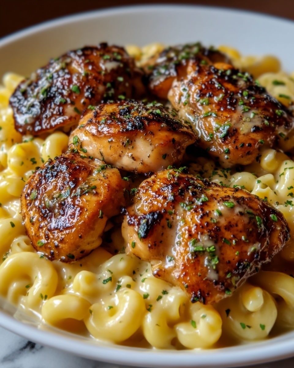 A white plate on a white marbled surface holds a serving of creamy macaroni and cheese with small, soft pasta pieces coated in a smooth yellow cheese sauce. On top, there are four golden-brown grilled chicken thighs with a slightly charred, shiny crust sprinkled with finely chopped green herbs and black pepper. The chicken thighs are arranged closely in the center, while the macaroni fills the plate underneath and around them. Photo taken with an iphone --ar 4:5 --v 7