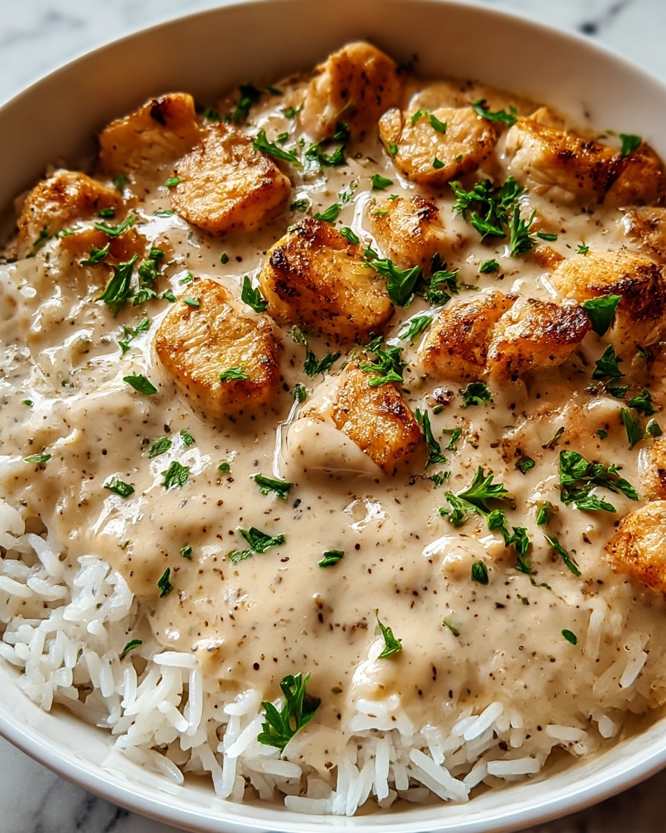 A close-up view of a white bowl filled with three layers: the bottom layer is white fluffy rice with distinct grains, the middle layer is a creamy beige sauce with specks of black pepper, generously covering the rice, and the top layer consists of browned, grilled chicken pieces scattered evenly, with a slightly crispy texture and a golden-brown color, all sprinkled with small bits of fresh green parsley. The bowl sits on a white marbled surface. Photo taken with an iphone --ar 4:5 --v 7
