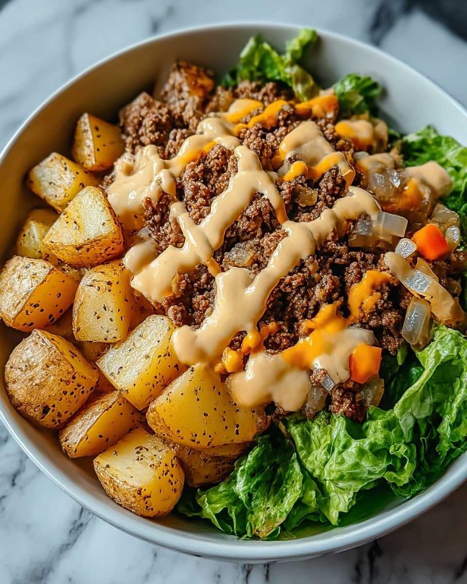 The dish is served in a white bowl placed on a white marbled surface, filled with layers of food. The bottom layer is fresh green lettuce leaves, covered on one side by golden roasted potato pieces with specks of black pepper. The main filling includes a thick layer of browned ground beef mixed with sauteed translucent onions and small orange bell pepper pieces. On top, there are two sauces drizzled in a zigzag pattern—one is creamy beige, and the other is bright orange, adding vibrant contrast to the savory meat. The textures include the crisp cold lettuce, soft potatoes, tender meat, and smooth sauces. Photo taken with an iphone --ar 4:5 --v 7