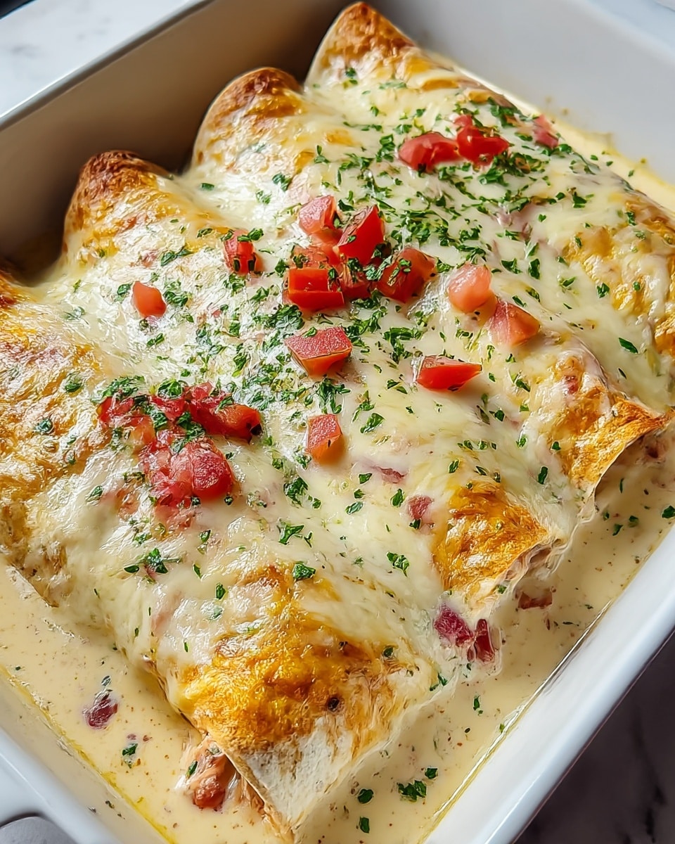 The image shows a white rectangular dish filled with three enchiladas side by side. Each enchilada is covered with a creamy, melted white cheese layer that has golden brown spots and a glossy texture. The surface is sprinkled with finely chopped green herbs and small diced red tomatoes scattered on top. The edges reveal a creamy sauce inside, mixing with shredded meat and red pieces, likely peppers. The enchiladas sit in a pool of light creamy sauce at the base of the dish on a white marbled surface. Photo taken with an iphone --ar 4:5 --v 7