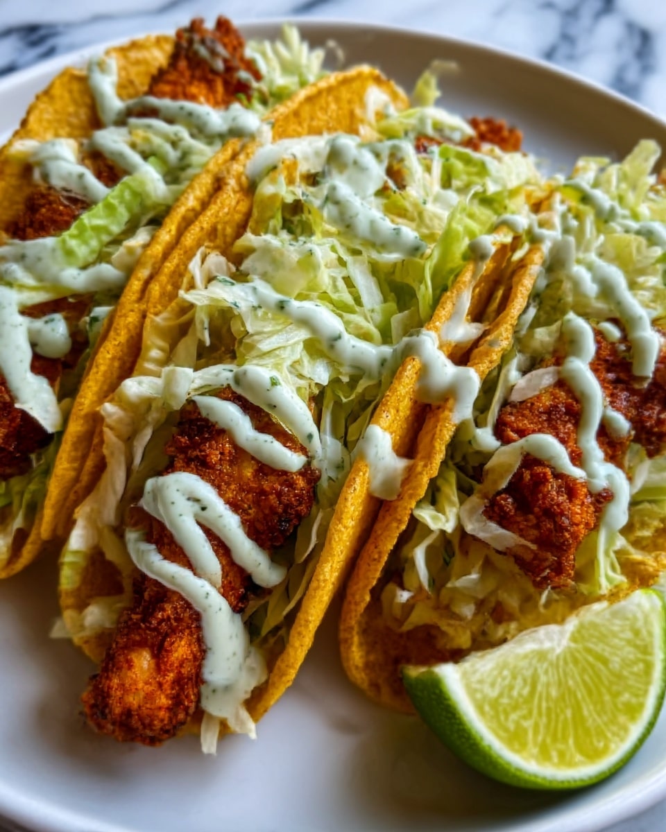 Three crispy tacos are shown on a white plate, each with a golden brown shell. Inside each taco, there is a base layer of fried, crunchy chicken pieces with a dark, crispy texture. On top of the chicken, there is a layer of finely shredded pale green lettuce. Over the lettuce, there are thin streams of creamy white sauce with green herbs, drizzled in a zigzag pattern. A wedge of lime is placed on the side of the plate. The background has a white marbled texture. Photo taken with an iphone --ar 4:5 --v 7