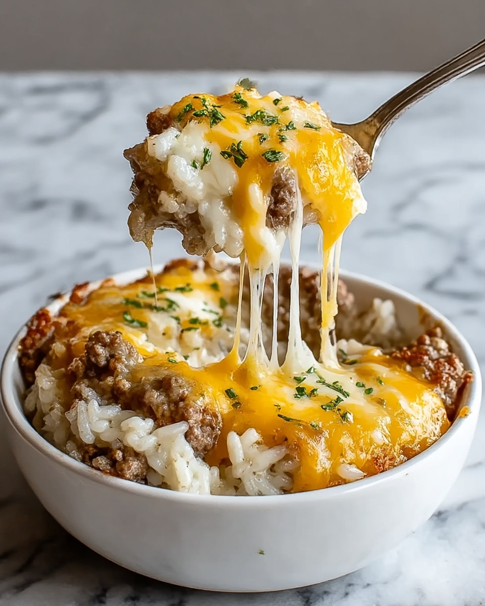A white bowl filled with a layered dish starting with a base of creamy white rice mixed with browned ground meat. The top layer is richly covered in melted cheese, mostly bright yellow cheddar with some white cheese, stretching as a spoon lifts a portion. Small green herb pieces are sprinkled over the cheese layer, adding a touch of color. The bowl sits on a white marbled surface. photo taken with an iphone --ar 4:5 --v 7