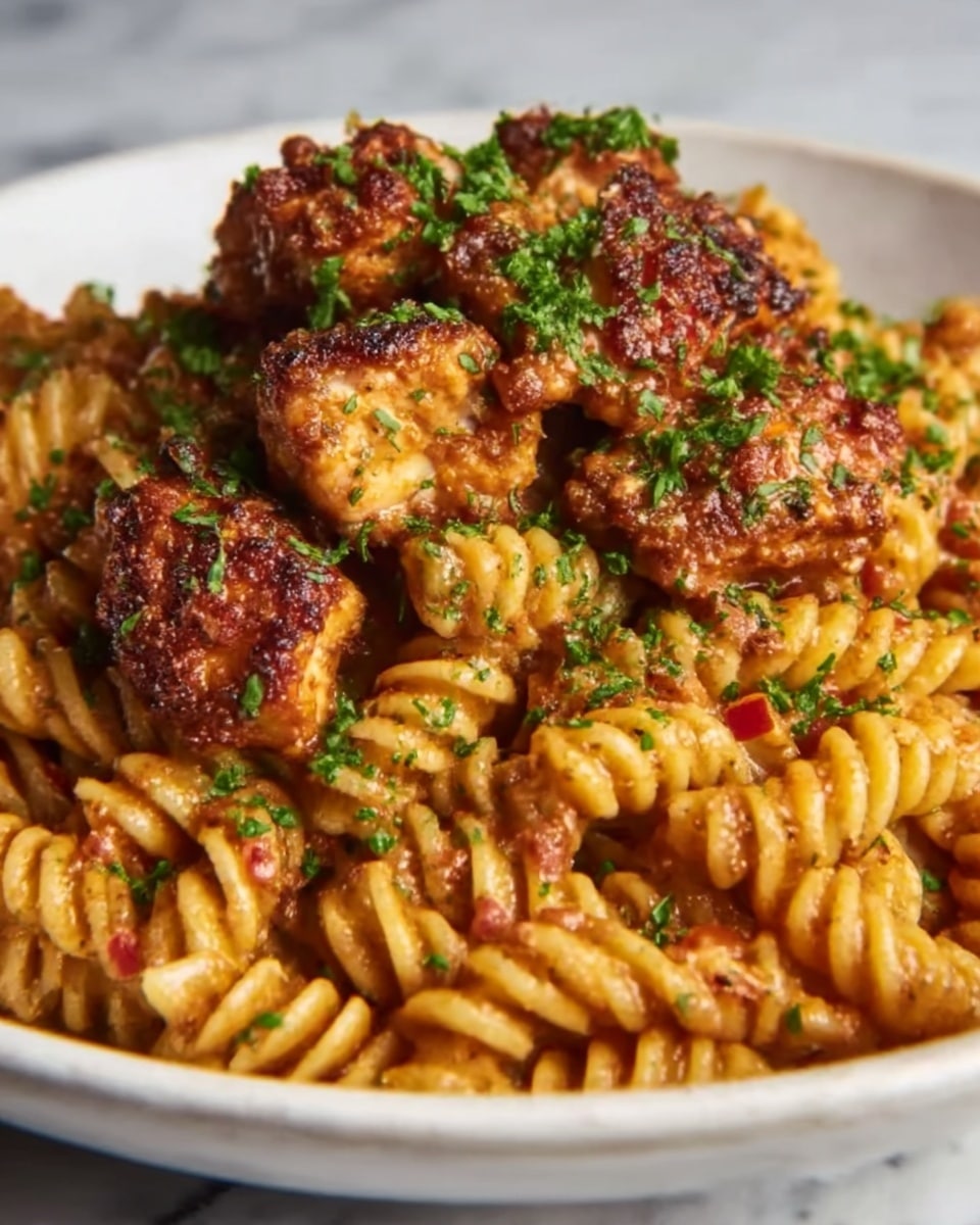 A close-up of a dish showing creamy spiral pasta covered in a rich, reddish-brown sauce. On top, there are several browned chicken pieces with a crispy texture, sprinkled with finely chopped green herbs. The pasta appears soft and well-coated, with small bits of red pepper mixed in. The dish is served in a white bowl placed on a white marbled surface. photo taken with an iphone --ar 4:5 --v 7