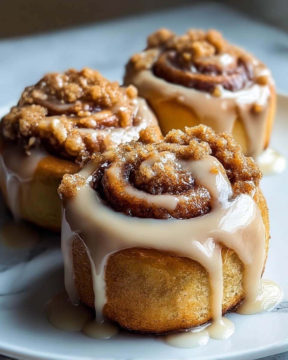 Three cinnamon rolls sit closely on a white plate, each roll having one main layer of golden-brown dough swirled with dark cinnamon filling. The rolls are thick and soft, topped with a thick layer of beige glaze that drips down their sides. On top of each roll, there are small crumbs of brown sugar sprinkled gently. The white plate rests on a white marbled surface. photo taken with an iphone --ar 4:5 --v 7