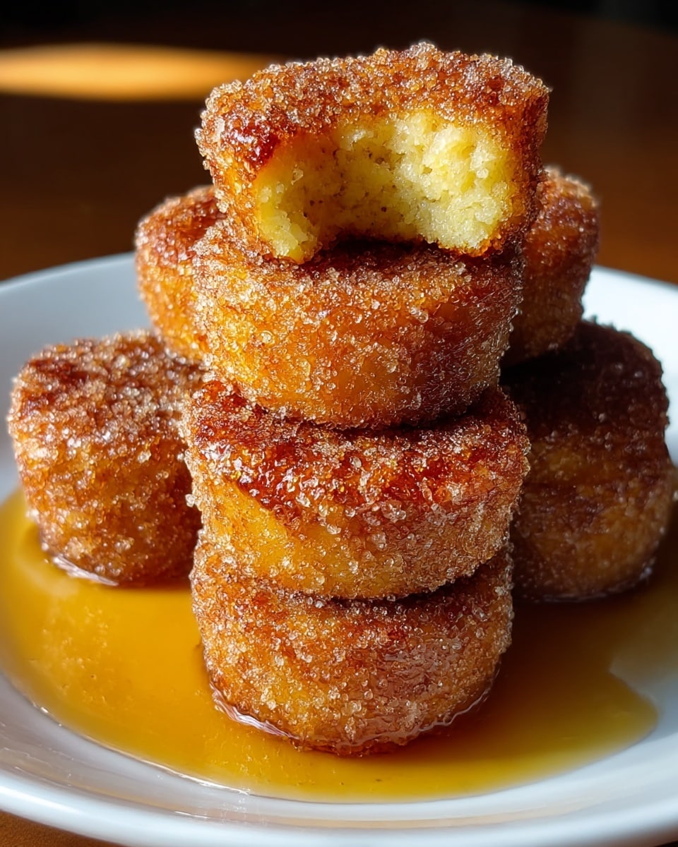 There are five small round cakes stacked on a white plate, each cake covered in a crispy golden-brown sugar coating with a rough texture from the sugar crystals. The top cake has a small bite taken out, showing a soft, yellow moist inside. The cakes sit on a pool of shiny amber syrup that spreads across the plate, adding a sticky gloss. The lighting highlights the sugar crystals and syrup, making the cakes look warm and fresh. photo taken with an iphone --ar 4:5 --v 7