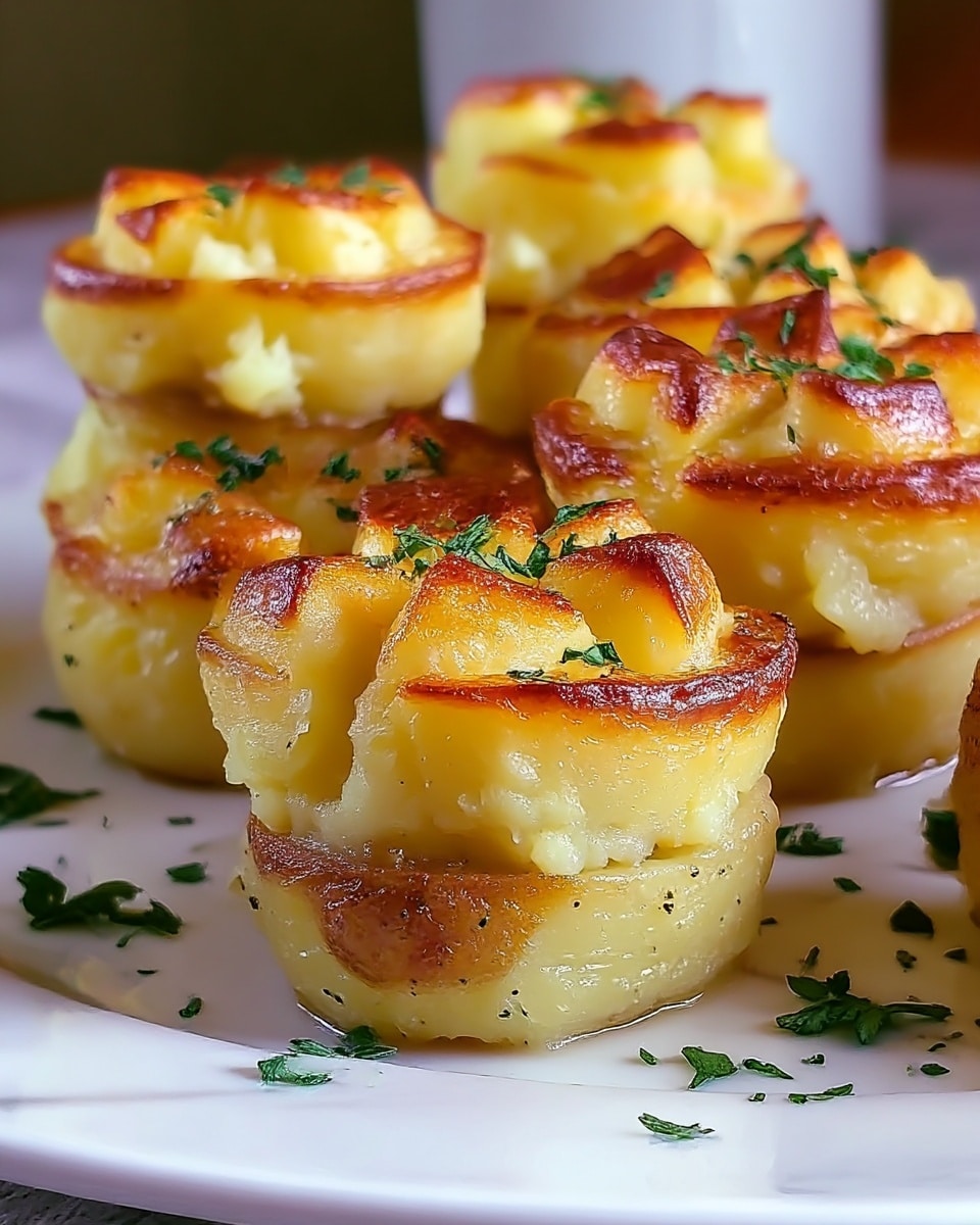 A close-up of six golden brown, fluffy potato stacks placed on a white plate. Each stack has three visible layers of smooth, creamy, light yellow mashed potato, lightly browned and crispy on the edges and top, with a soft texture inside. The tops are uneven with a few small ridges and look slightly toasted, sprinkled with small green herb bits for garnish. The plate rests on a white marbled texture, with a few scattered herb bits around the stacks. Photo taken with an iphone --ar 4:5 --v 7