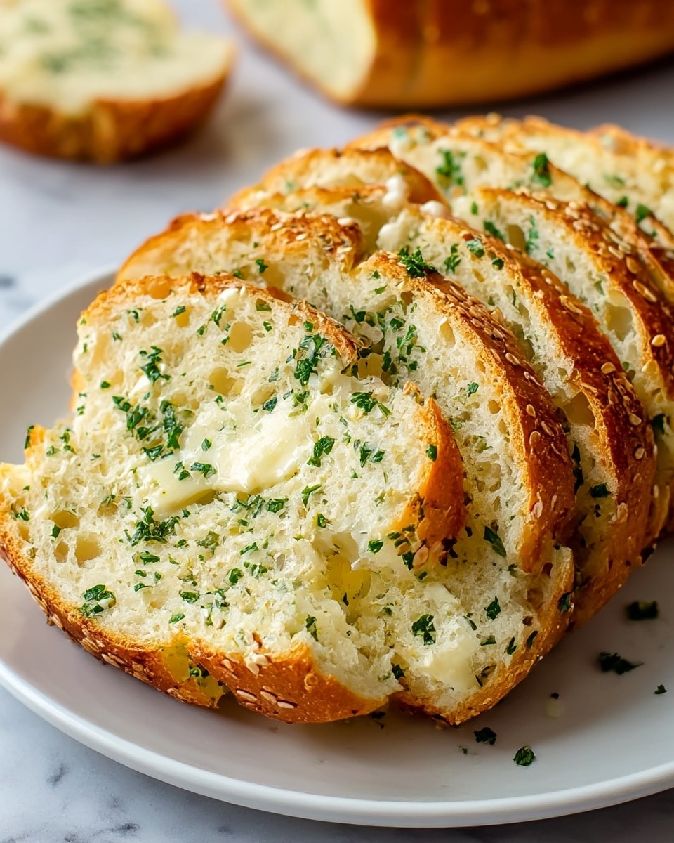 A white plate holds several thick slices of garlic bread arranged in a slightly overlapping stack. Each slice has a golden-brown crust sprinkled with toasted sesame seeds and herbs, and a soft, light interior dotted with finely chopped green parsley and melted white cheese. The bread looks fluffy and moist, with visible herbs and cheese spread evenly across the top layers of each slice. The background features a white marbled texture with a blurred whole garlic bread loaf in the back. photo taken with an iphone --ar 4:5 --v 7