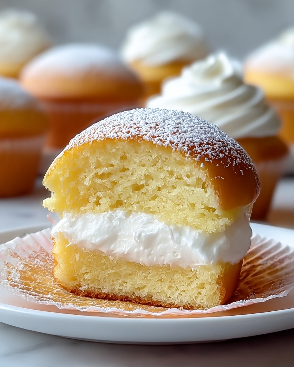 A soft yellow cake cupcake is shown cut in half horizontally, with a layer of white whipped cream filling between the two cake layers. The top of the cupcake is rounded and golden brown with a dusting of white powdered sugar evenly covering it. The cupcake sits on a smooth white plate with several similar cupcakes in the blurred background on a white marbled surface. The texture of the cake looks light and fluffy, and the cream is thick and smooth. photo taken with an iphone --ar 4:5 --v 7