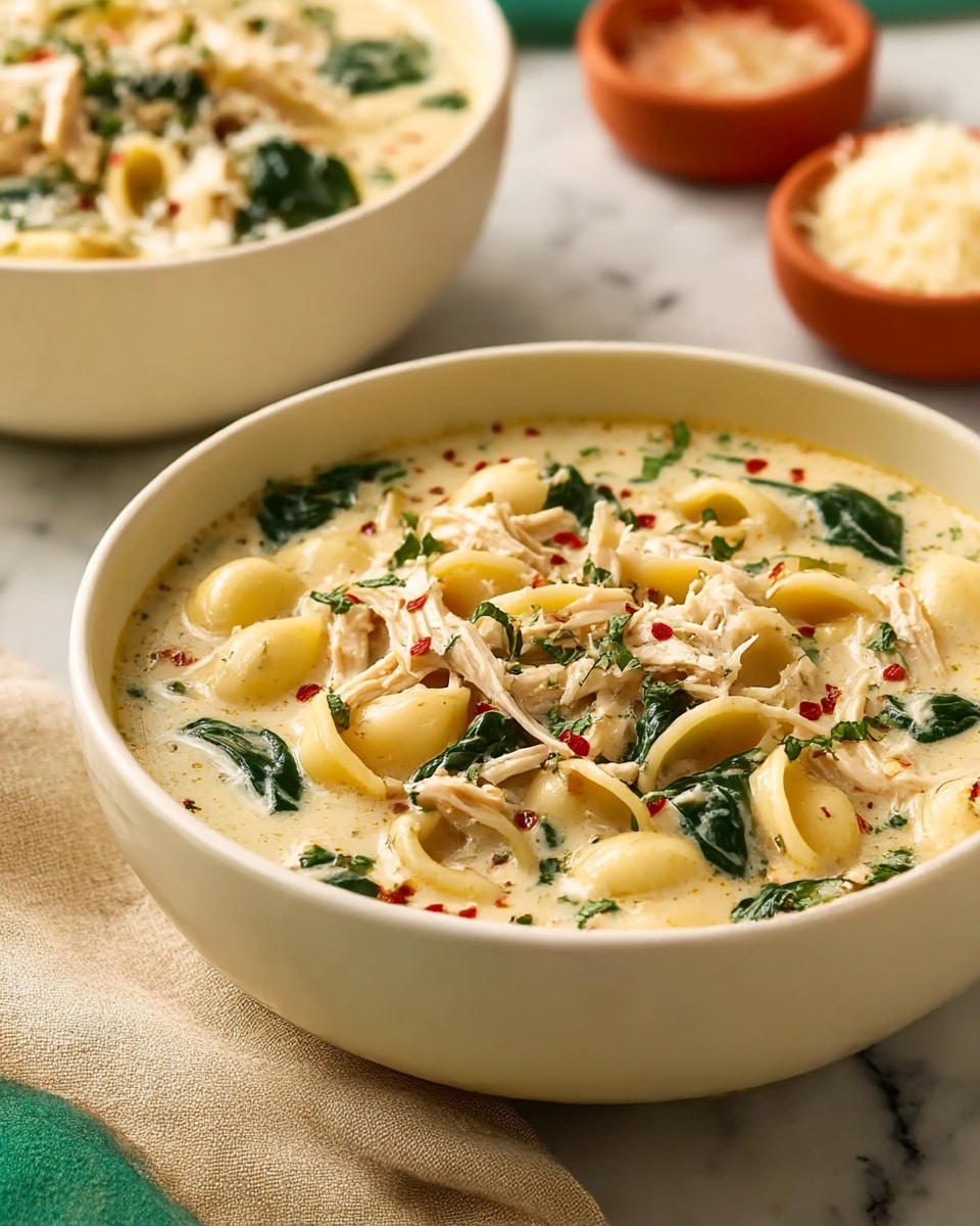 A close-up view of a large white bowl filled with creamy chicken soup with pasta, spinach, and shredded chicken. The soup has a light beige color base, scattered with dark green spinach leaves and pieces of yellow pasta shells. Shredded chicken pieces are mixed evenly throughout, with some fresh herbs sprinkled on top for a touch of green and red chili flakes adding small red hints. The soup looks thick and rich with a smooth texture. In the background, a second white bowl with the same soup is partially visible, along with a small terracotta bowl that seems to hold grated cheese. The bowls are placed on a white marbled surface and a beige cloth is underneath the front bowl. photo taken with an iphone --ar 4:5 --v 7