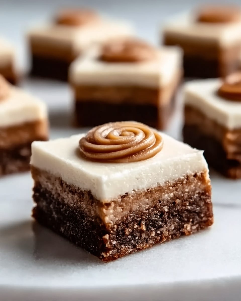 The image shows a close-up of a square dessert bar with three clear layers, placed on a white marbled surface. The bottom layer is a dense, dark brown crust with a slightly grainy texture. The middle layer is a creamy white frosting, smooth and thick, spread evenly across the crust. The top layer is a small swirl of light brown icing or caramel centered neatly on the frosting. Behind the focused dessert, several similar bars blur softly into the background. Photo taken with an iphone --ar 4:5 --v 7