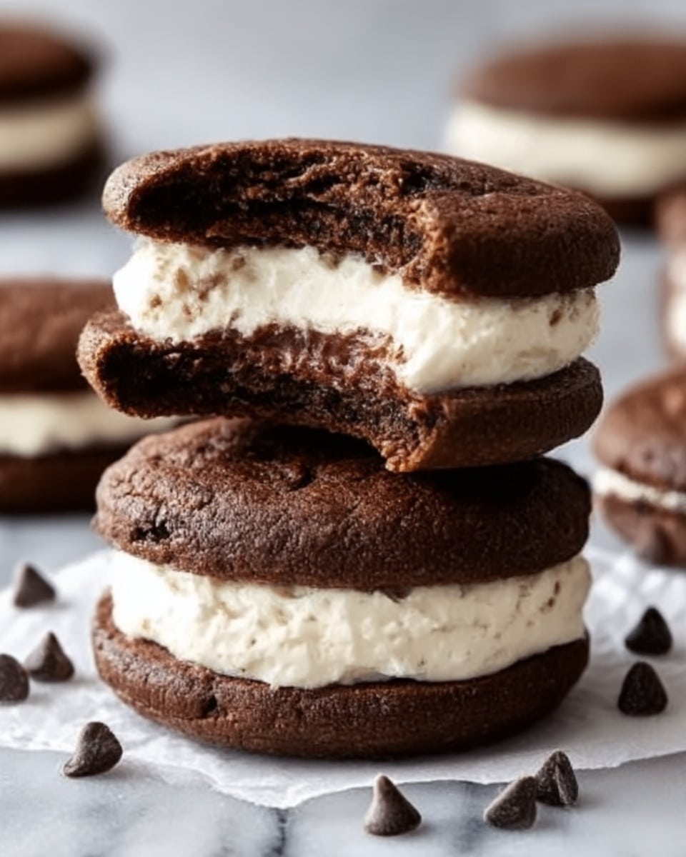 The image shows a stack of three chocolate sandwich cookies with a thick layer of white cream filling between each cookie. The cookies are dark brown with a slightly rough texture, and the cream looks smooth and soft. The top cookie of the bottom sandwich has a bite taken out of it, showing the creamy filling inside. Small chocolate chips are scattered around on a white marbled surface under the cookies. The overall look is rich and inviting. photo taken with an iphone --ar 4:5 --v 7